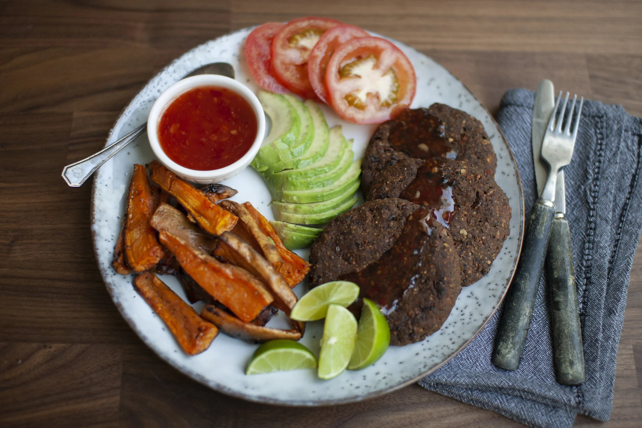 Black Bean and Oat Burgers with Sweet Potato Wedges