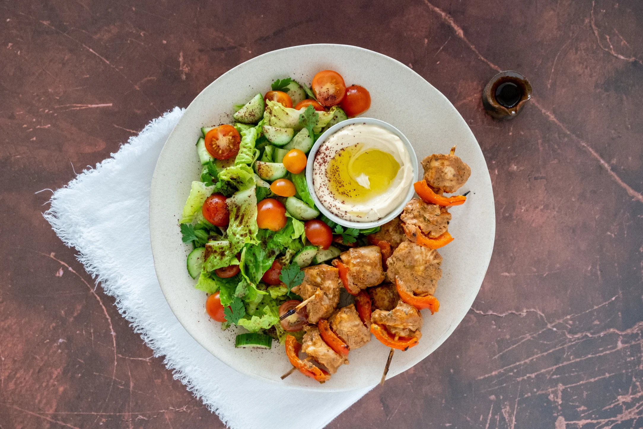 Chicken Shish Tawook Skewers with Hummus and Arabic Salad