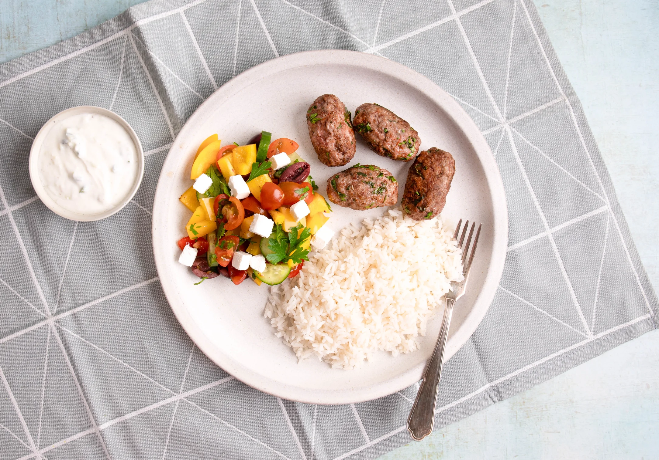 Greek Lamb Kofta with Feta Salad, Tzatziki and Rice