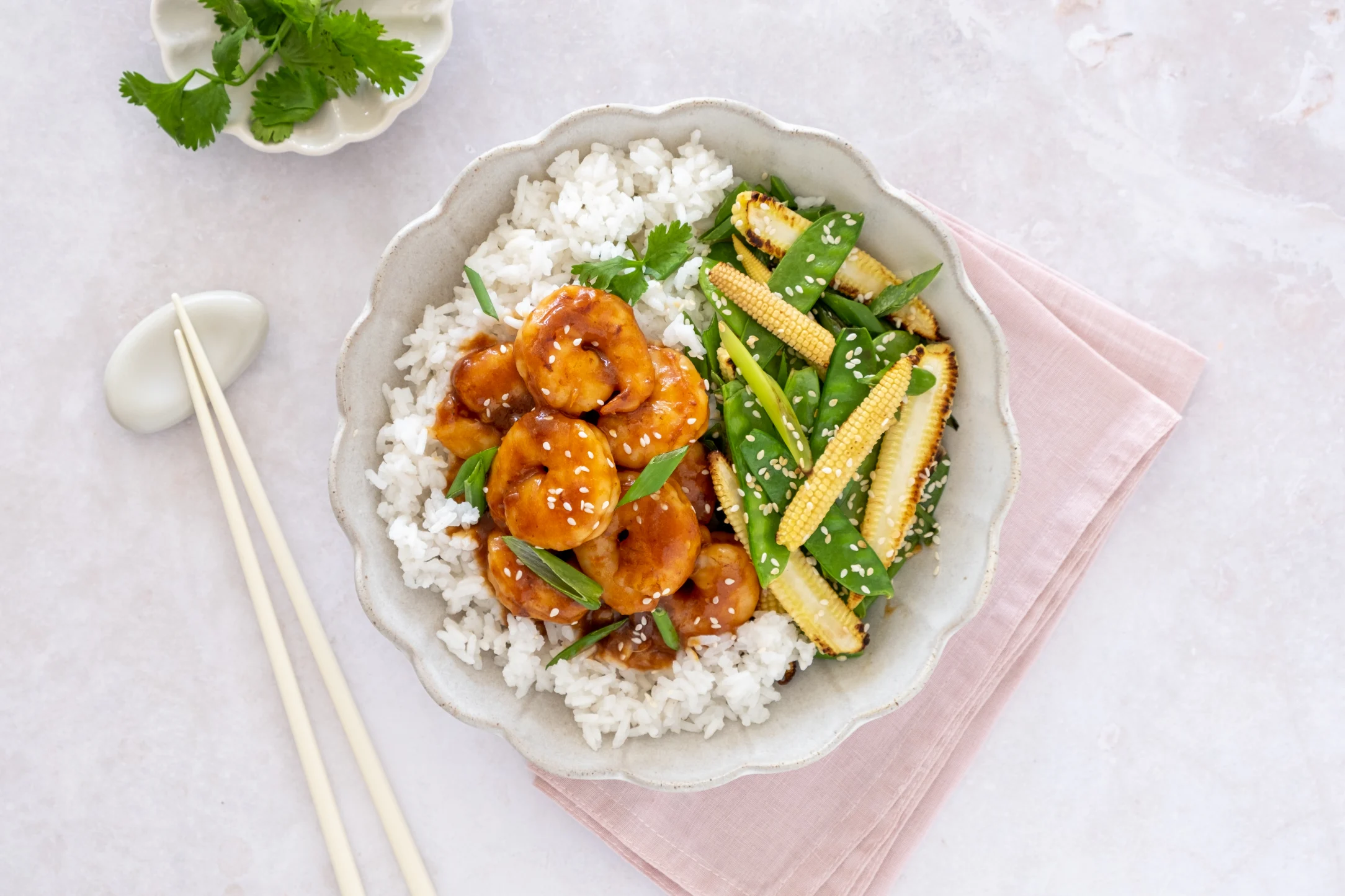 Sticky Hoisin Prawns with Baby Corn, Snow Peas, and Jasmine Rice