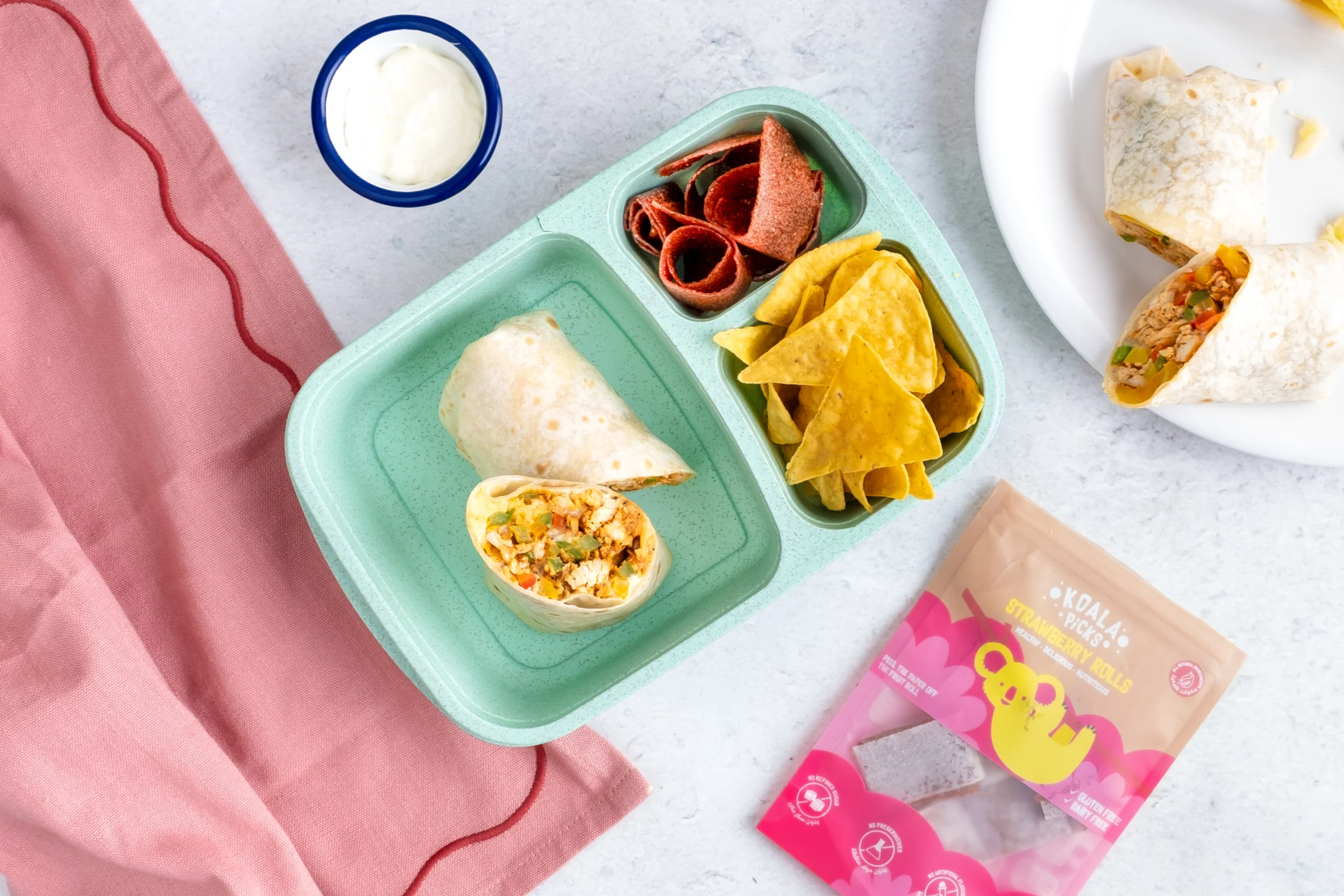 Chicken Fajita Wraps with Tortilla Chips and Koala Strawberry Rolls