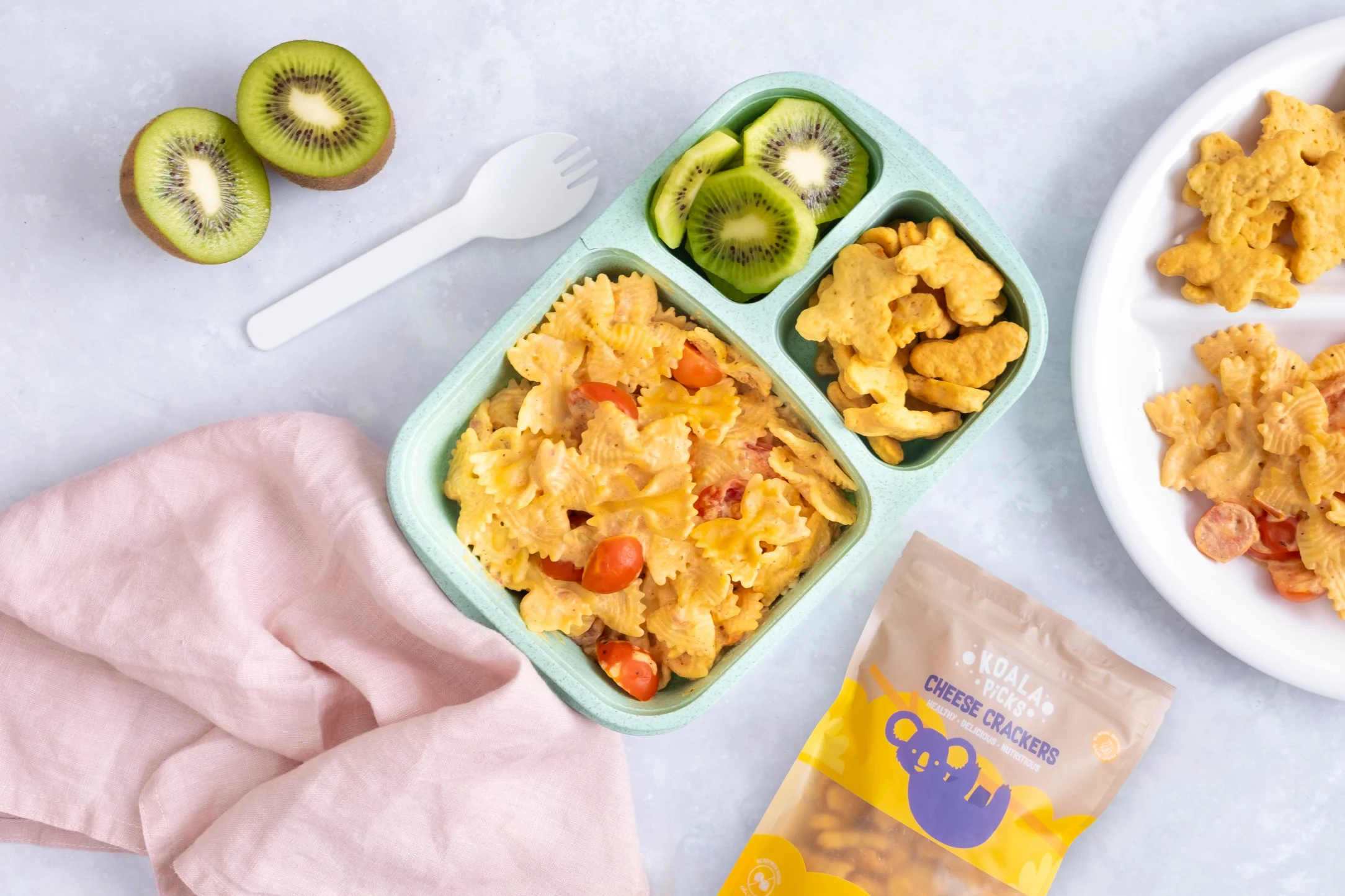 Creamy Red Pesto Pasta with Kiwis and Koala Cheese Crackers