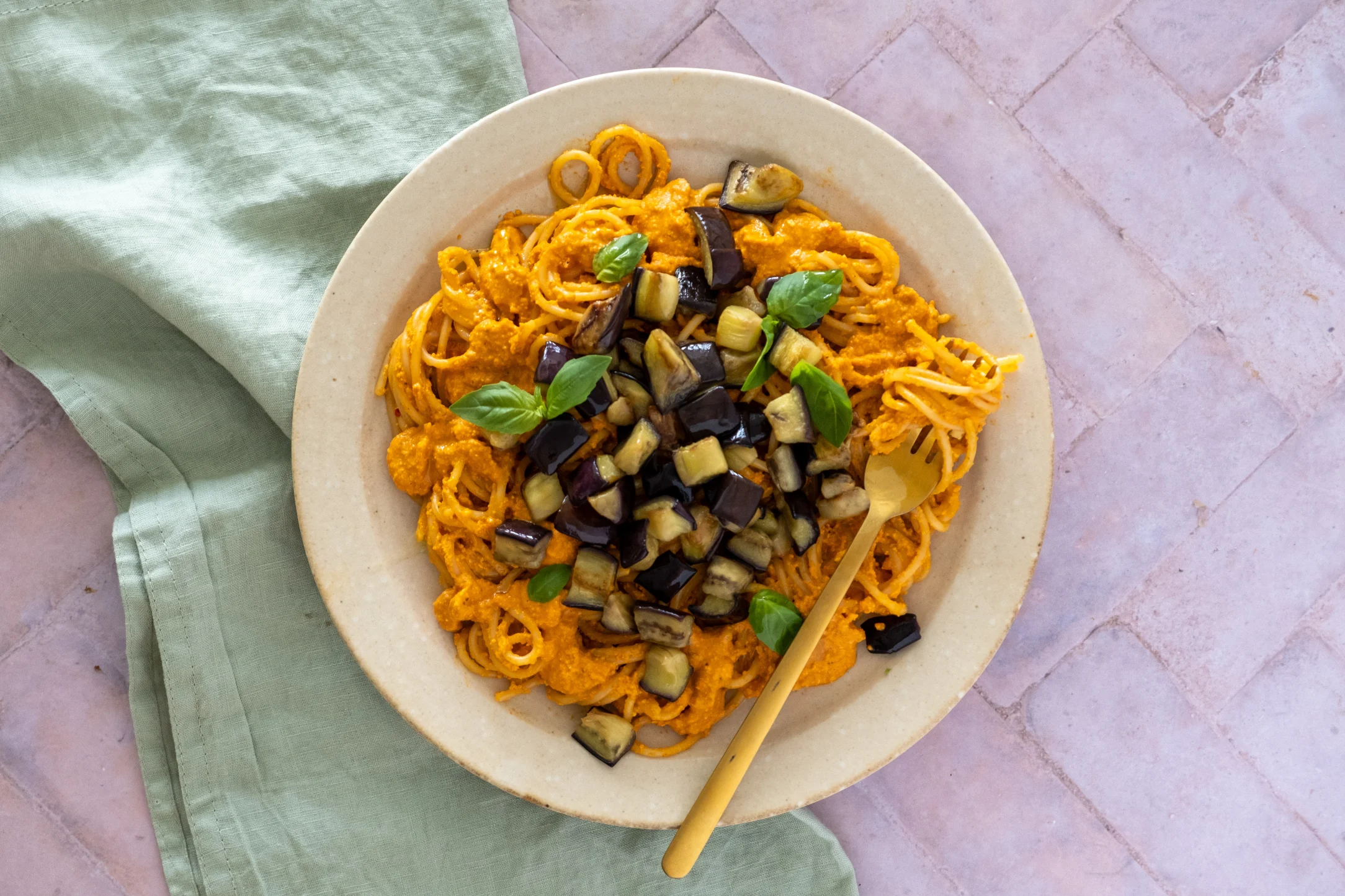 Easy Romesco Sauce with Spaghetti and Eggplant