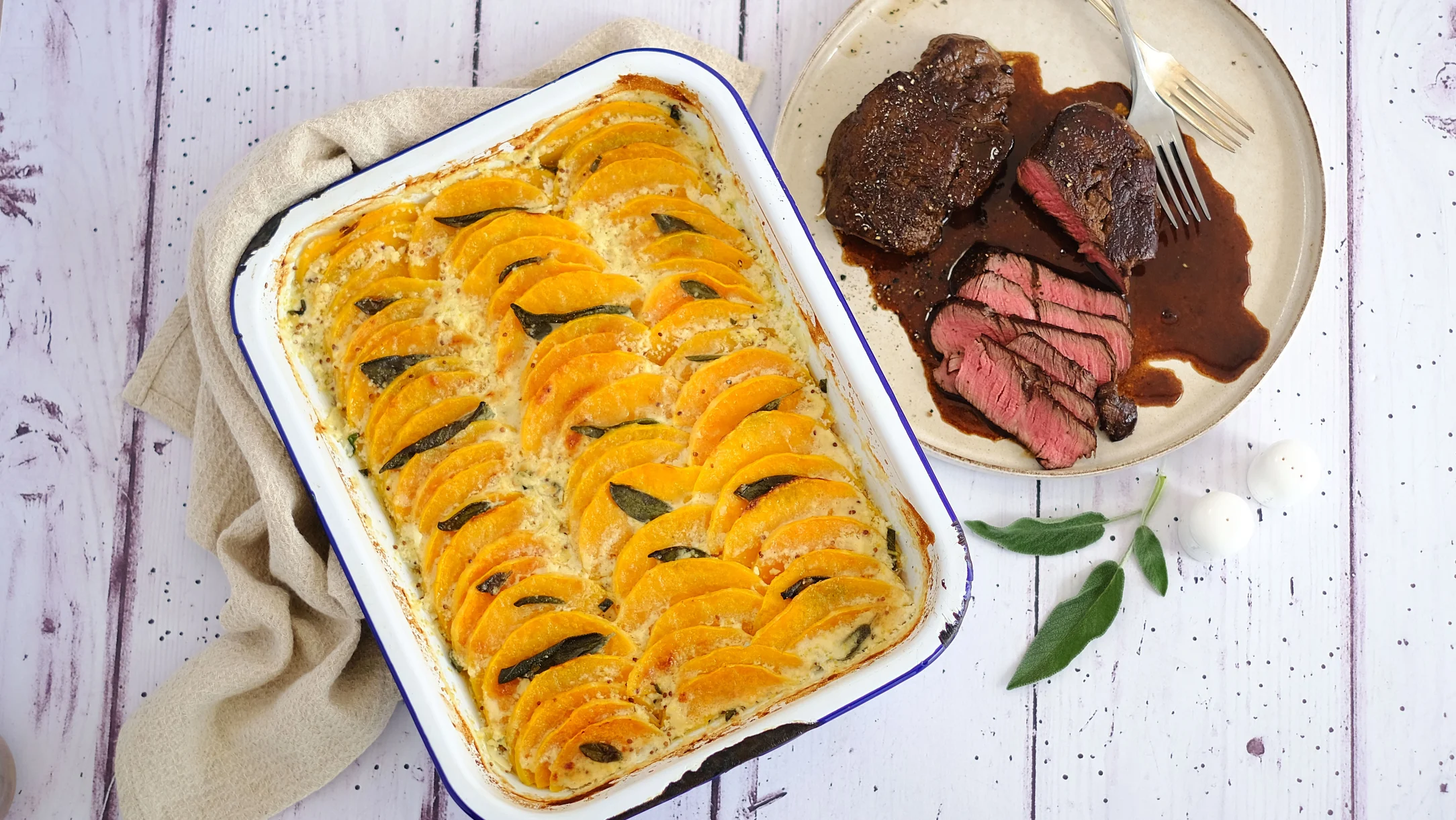 9 oz Fillet Steak with Autumnal Squash, Mustard and Sage Gratin
