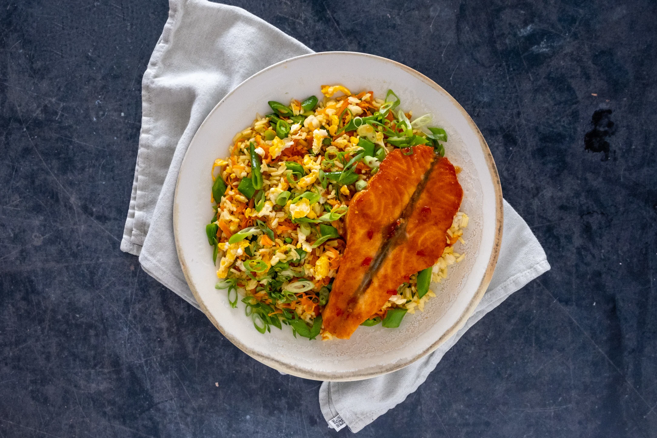 Sweet Chilli Salmon with Sesame Vegetable Egg Fried Rice