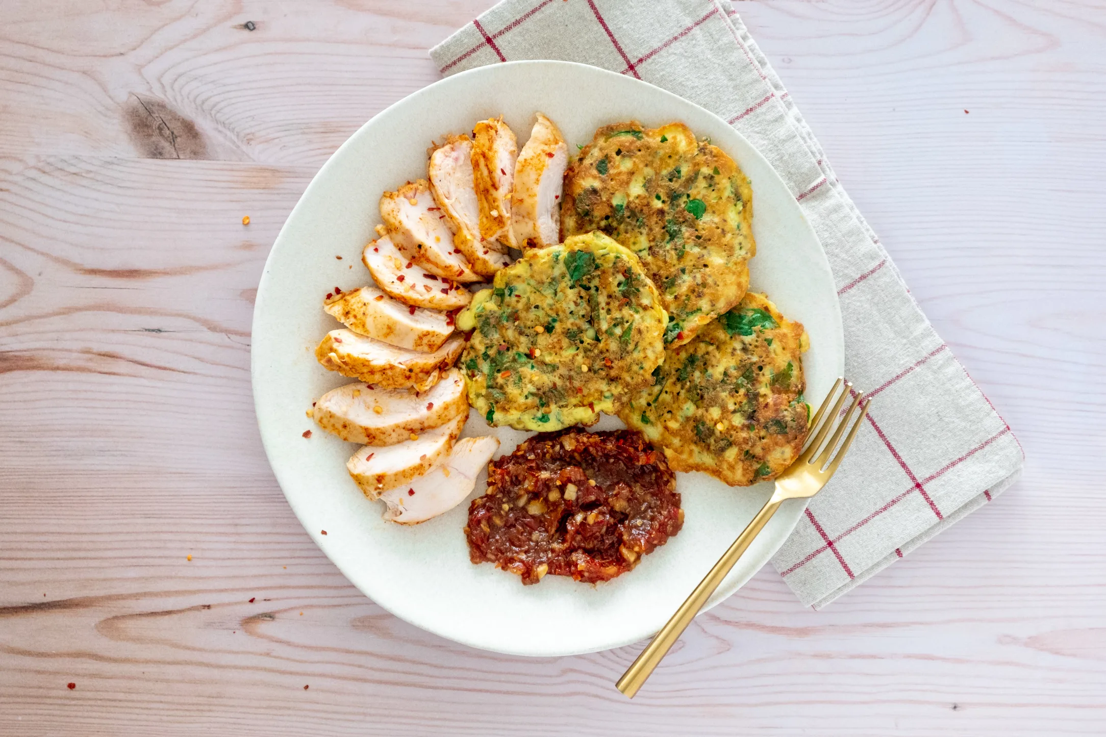 Chicken and Chia Chickpea and Spinach Fritters with Chilli Jam