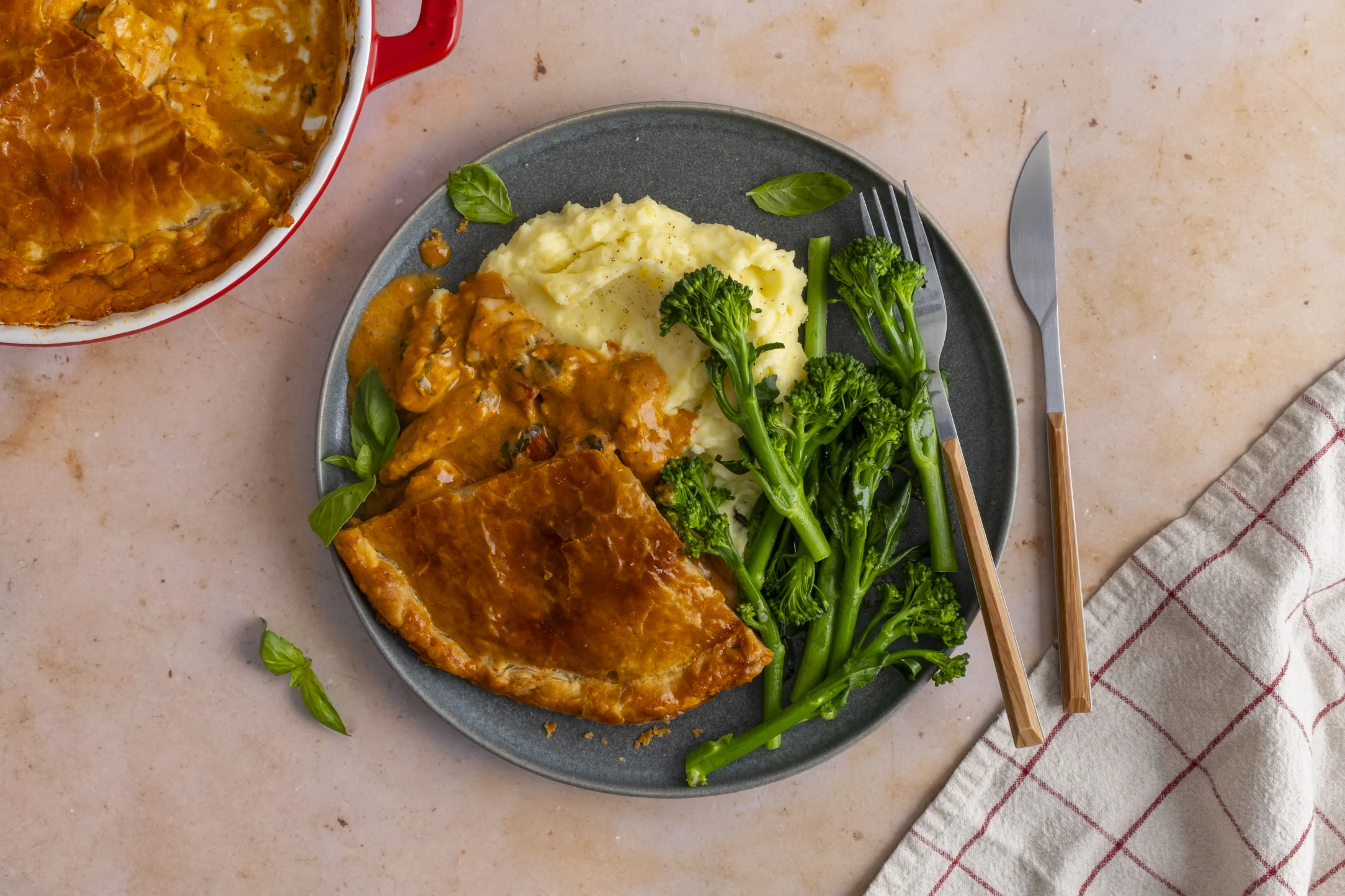 "Marry Me" Chicken Puff Pastry Pie with with Creamy Potato Mash and Broccoli