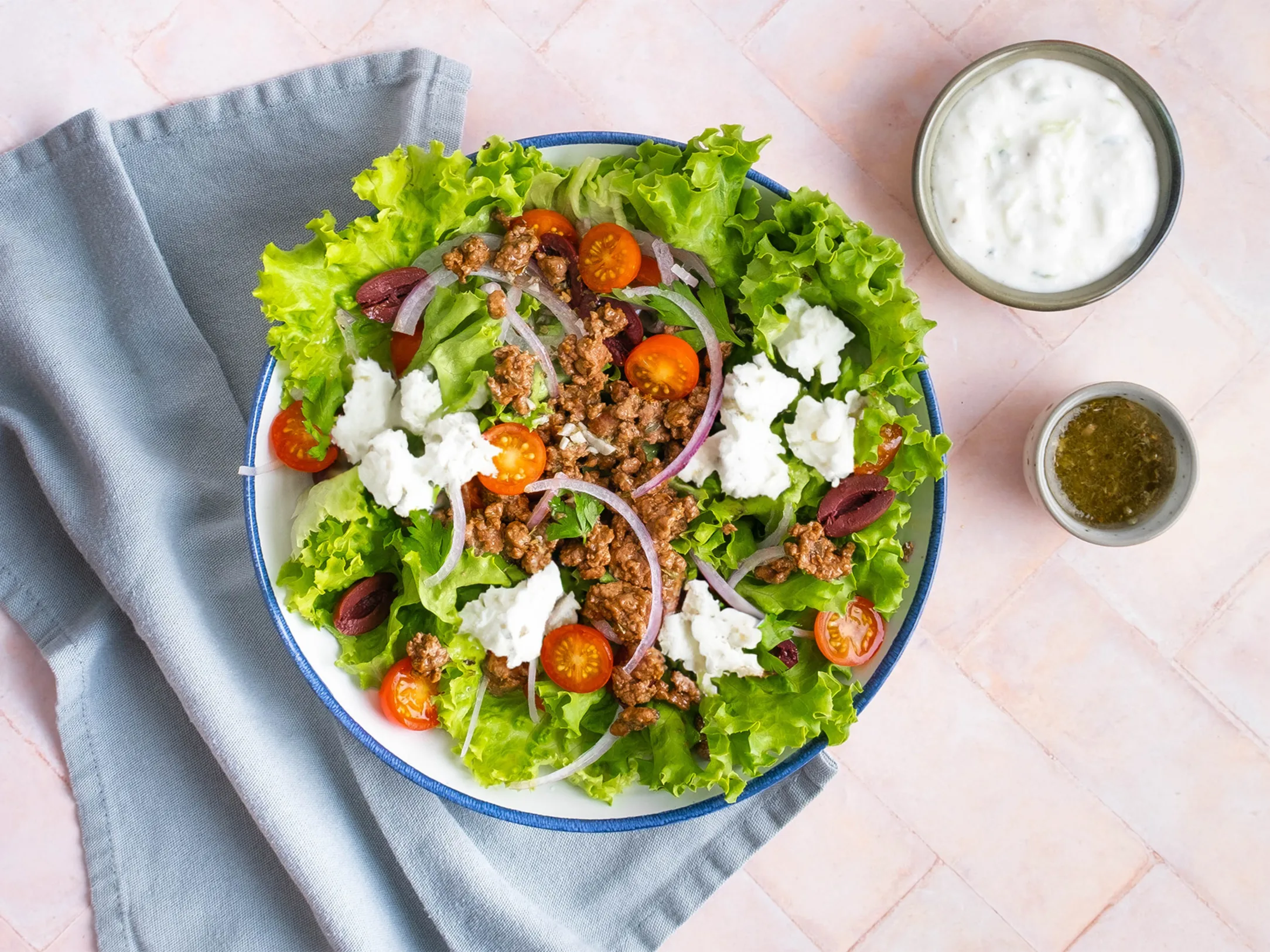 Lemon and Herb Greek Beef Salad Bowls with Feta