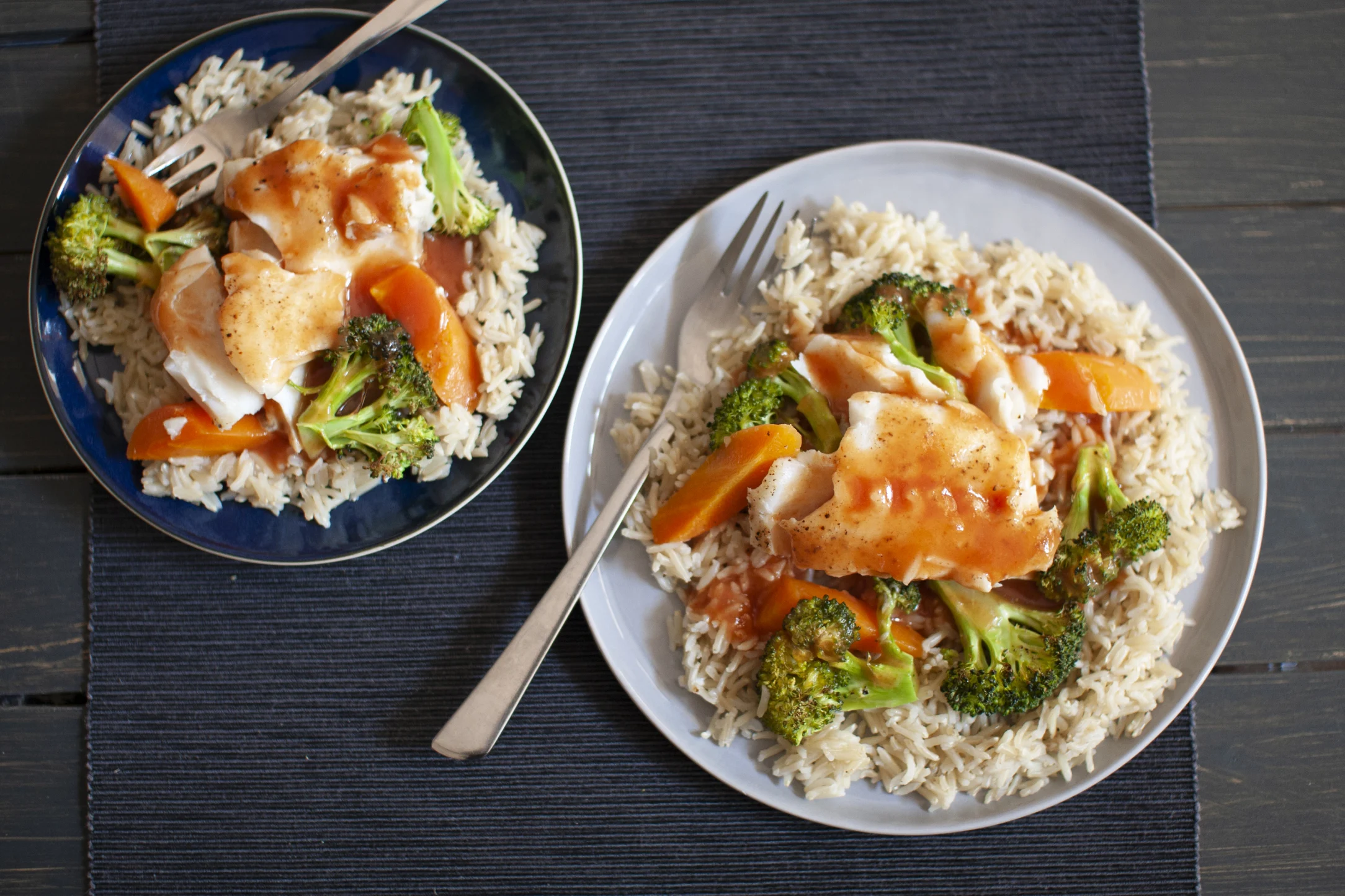 Sweet and Sour Cod with Broccoli, Carrots and Brown Rice