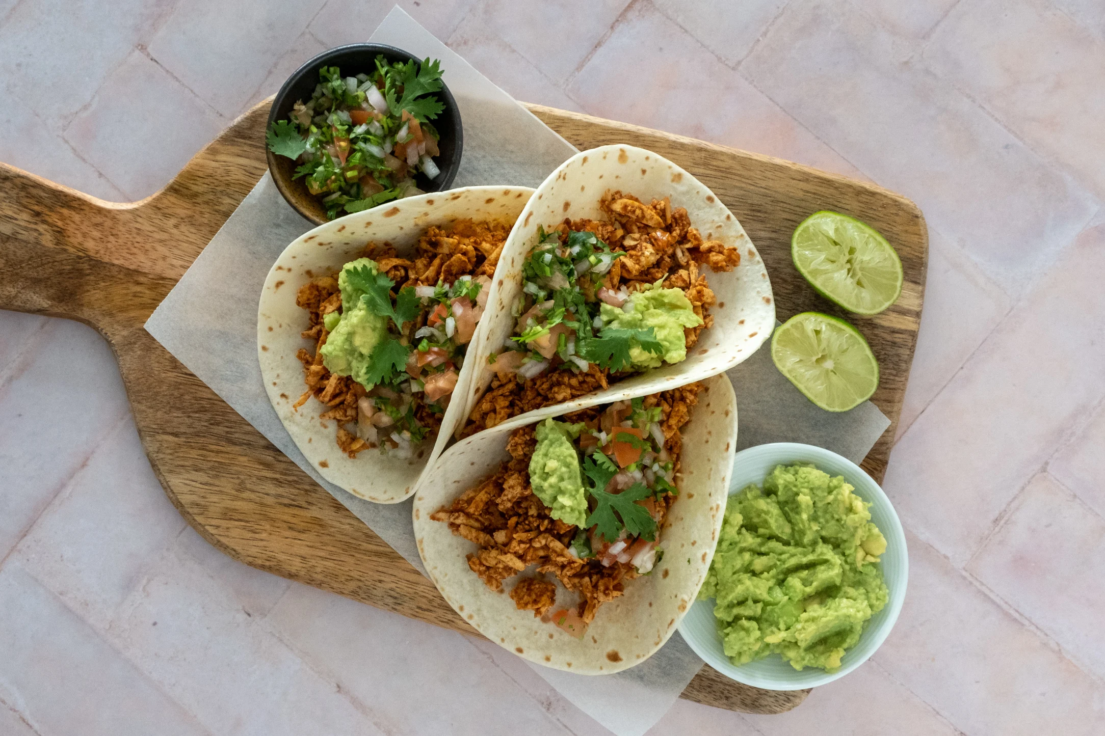 Tofu Tinga Tacos with Pico de Gallo and Guacamole
