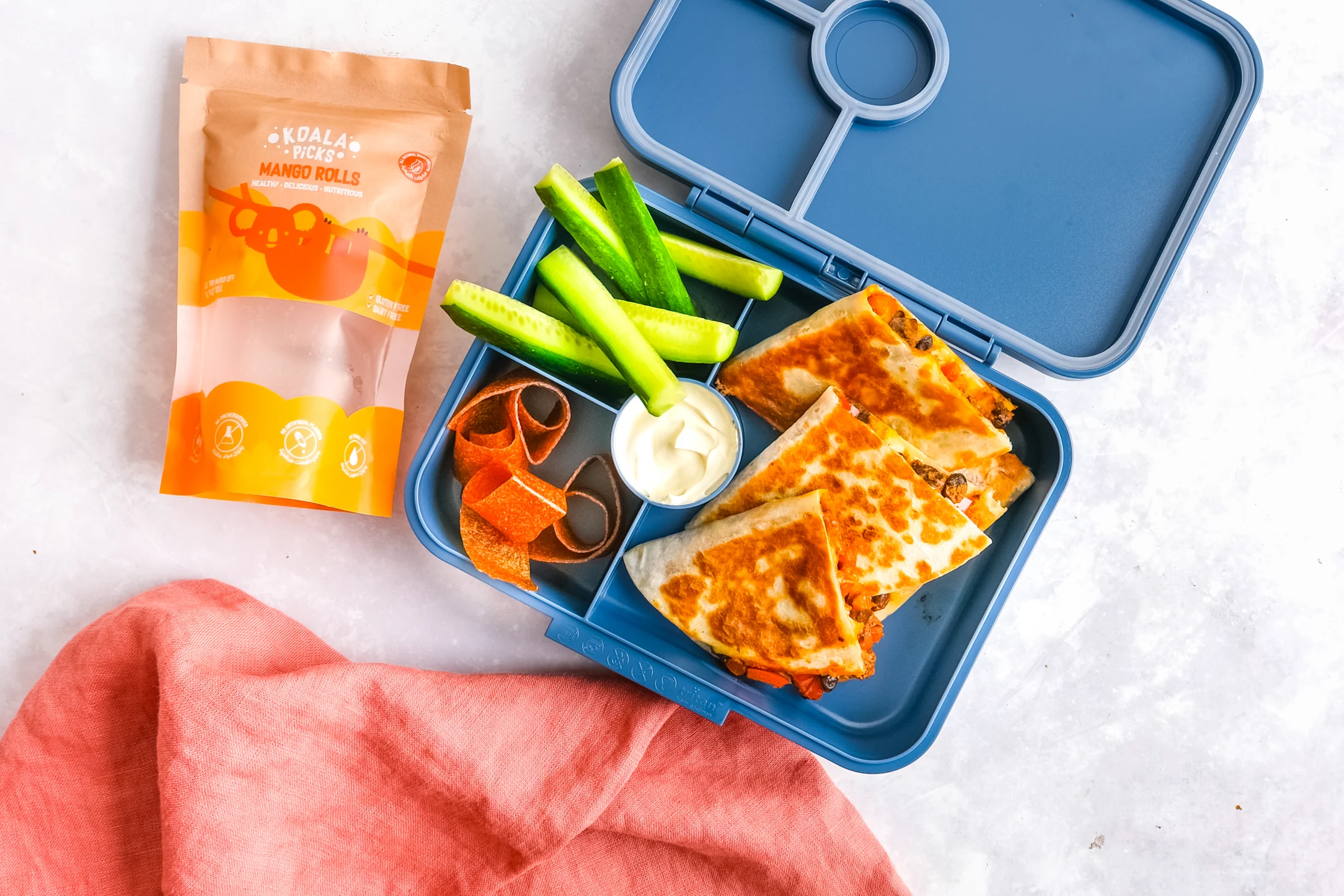 Mini Veggie Quesadillas with Cucumbers & Koala Mango Rolls
