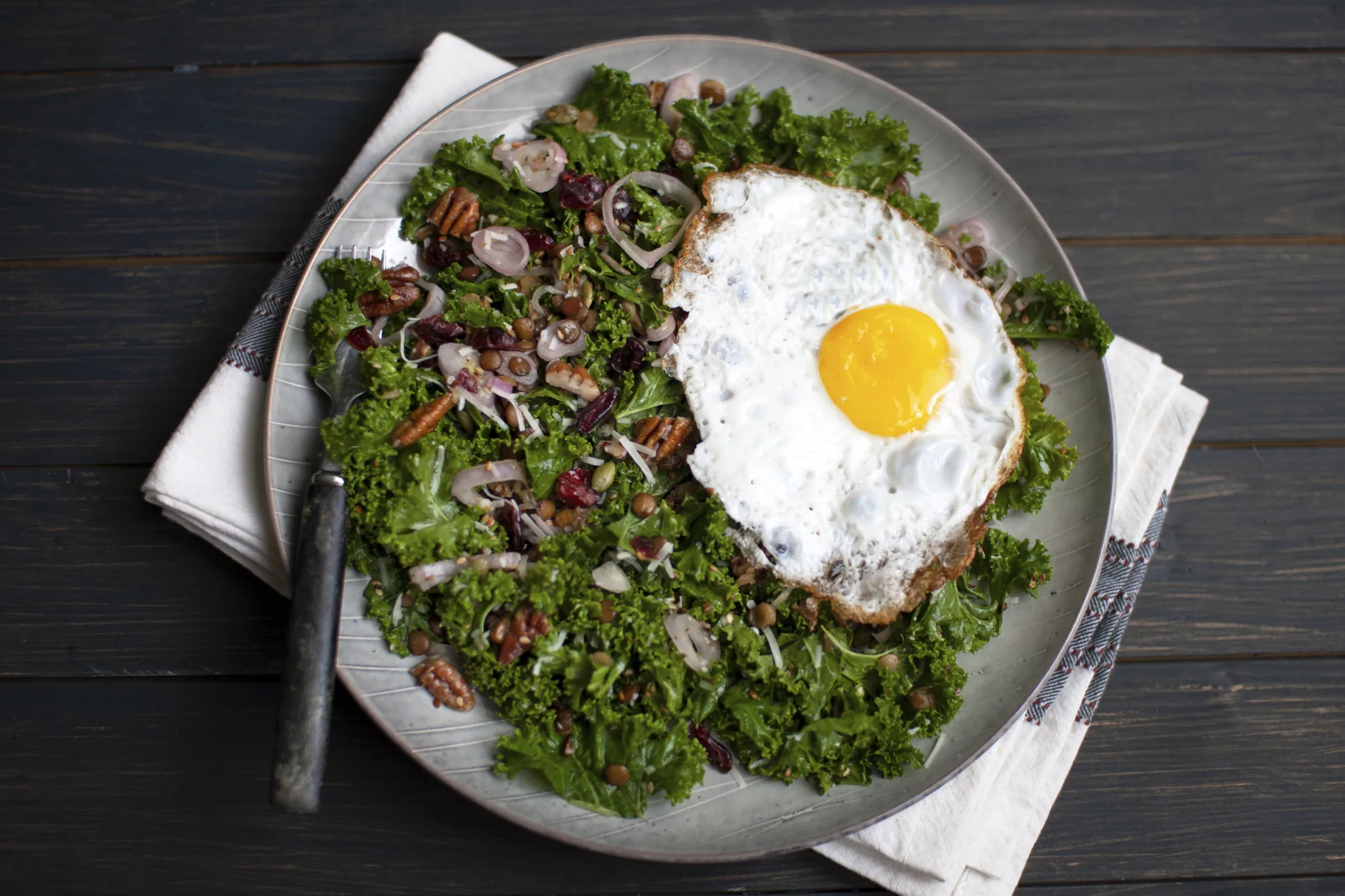 Nutty Kale and Parmesan Salad with Lentils and Fried Eggs