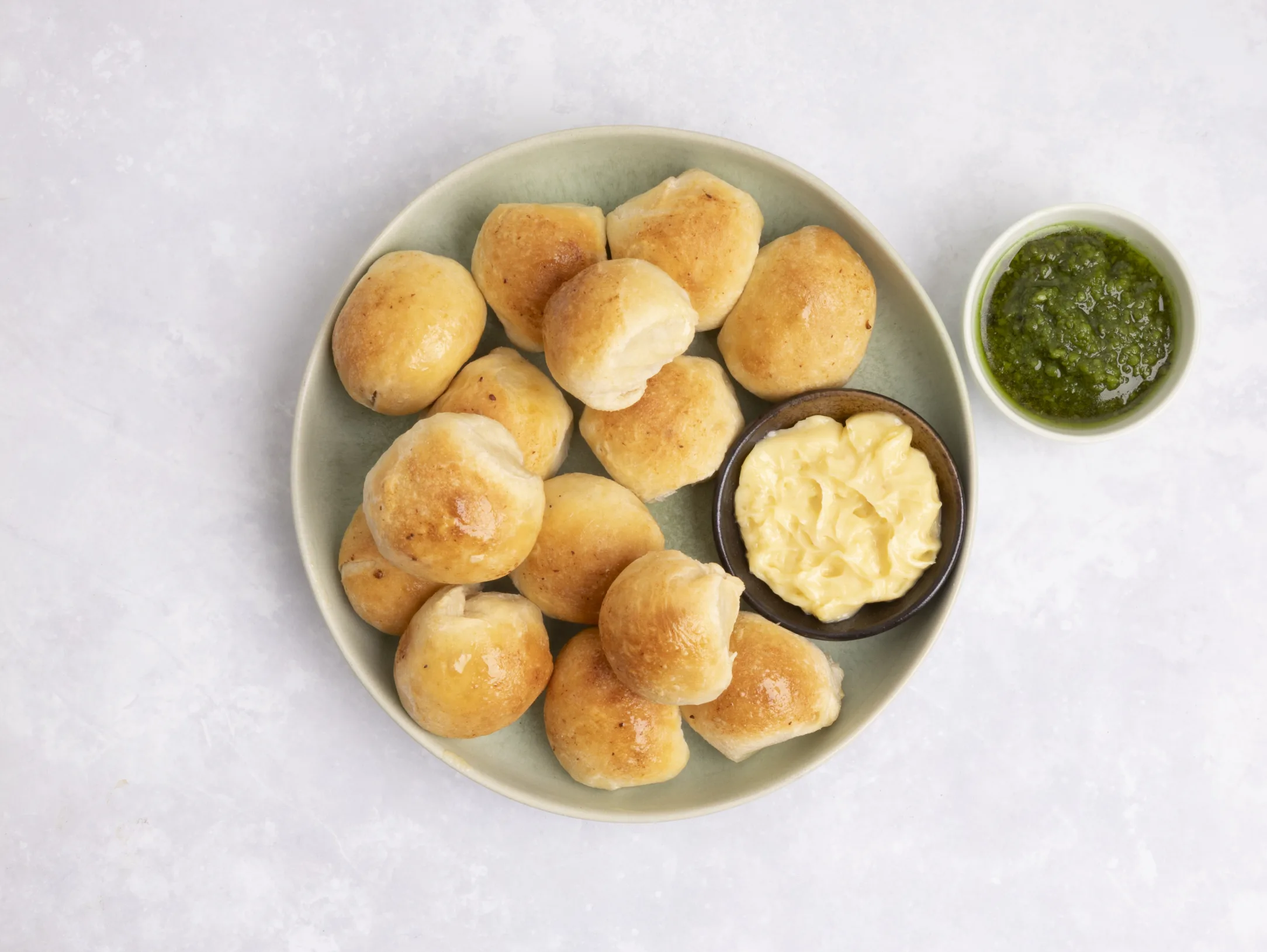 Dough Balls with Garlic Butter and Pesto Dip