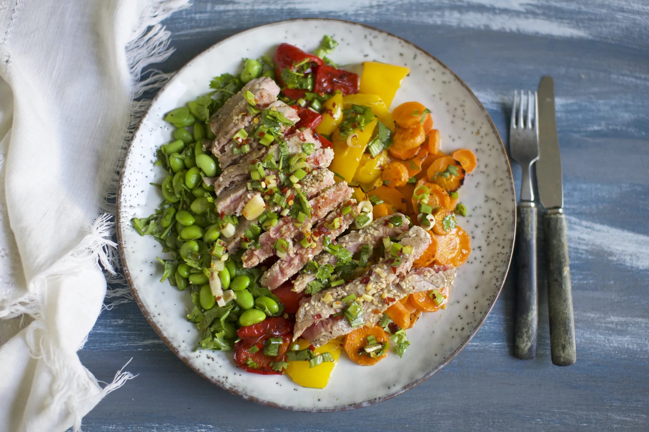 Sesame Tuna with Rainbow Roasted Vegetables