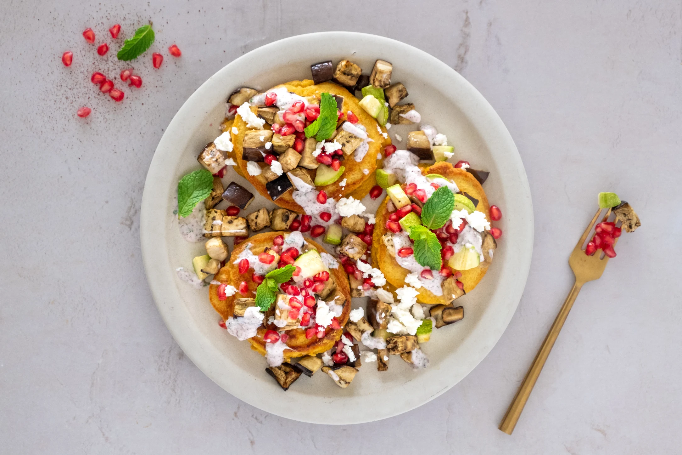 Middle Eastern Chickpea Fritters with Roasted Eggplant and Zucchini and Mint Dressing