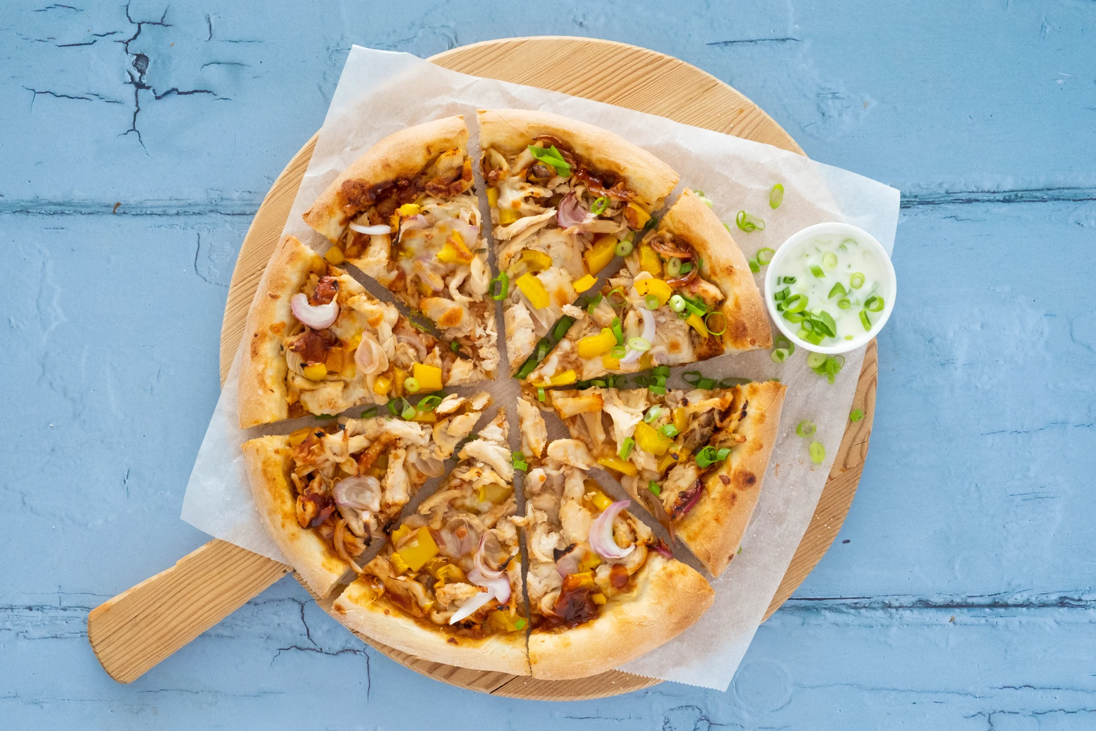 Barbecue Chicken and Yellow Pepper Pizza with Garlic Mayo