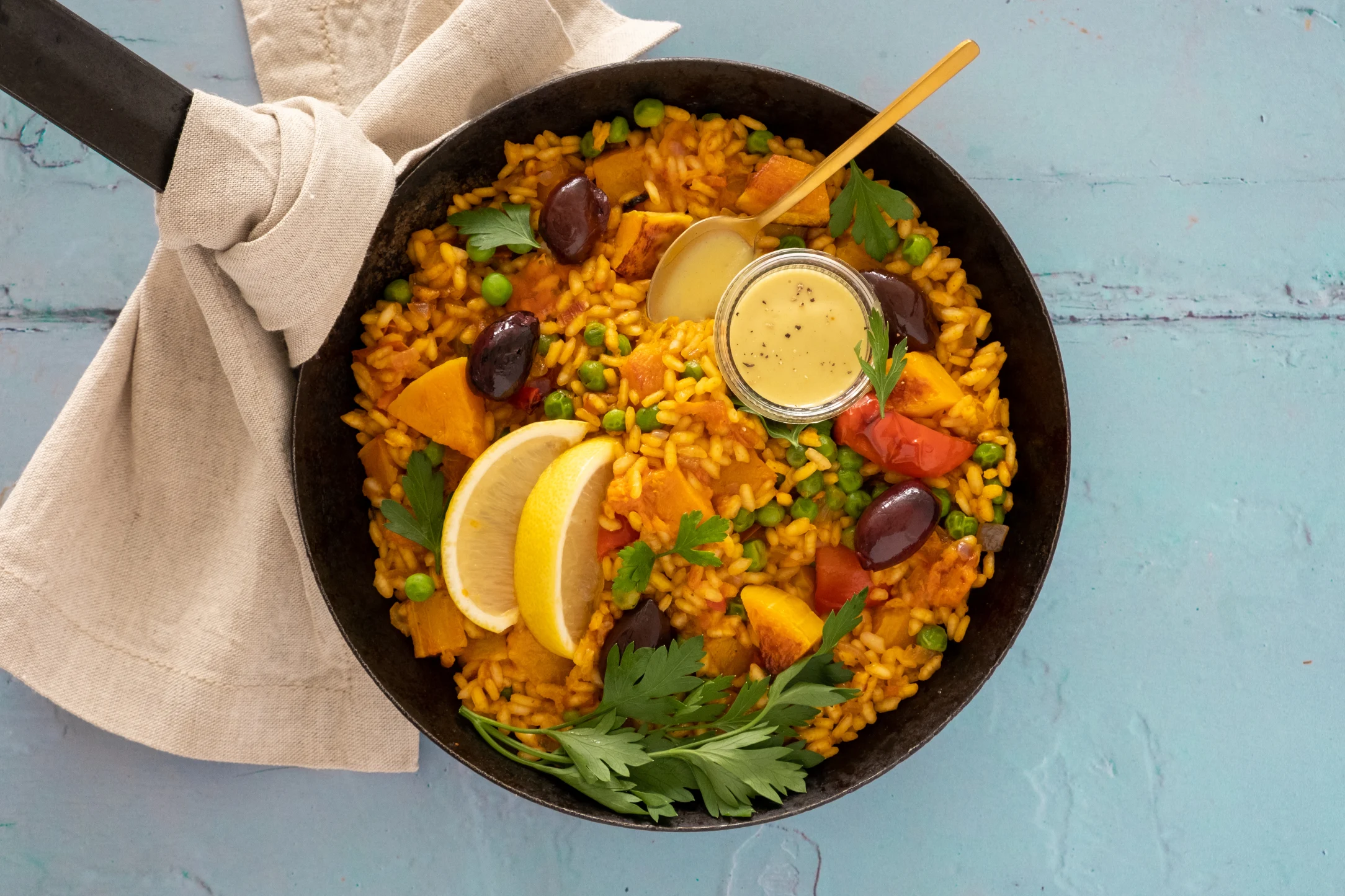 Spanish-style Saffron Rice with Roasted Vegetables and Sunny Tahini 'Aioli'