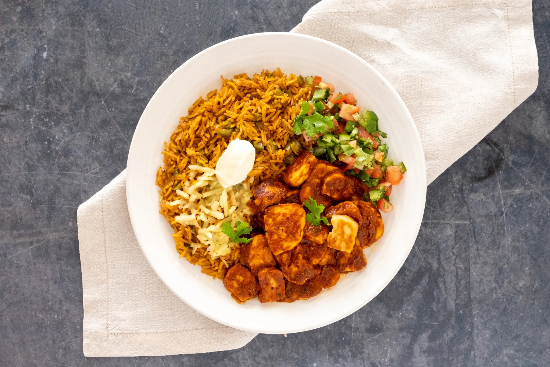 Fajita Halloumi with Cheesy Mexican Rice, Salsa and Sour Cream
