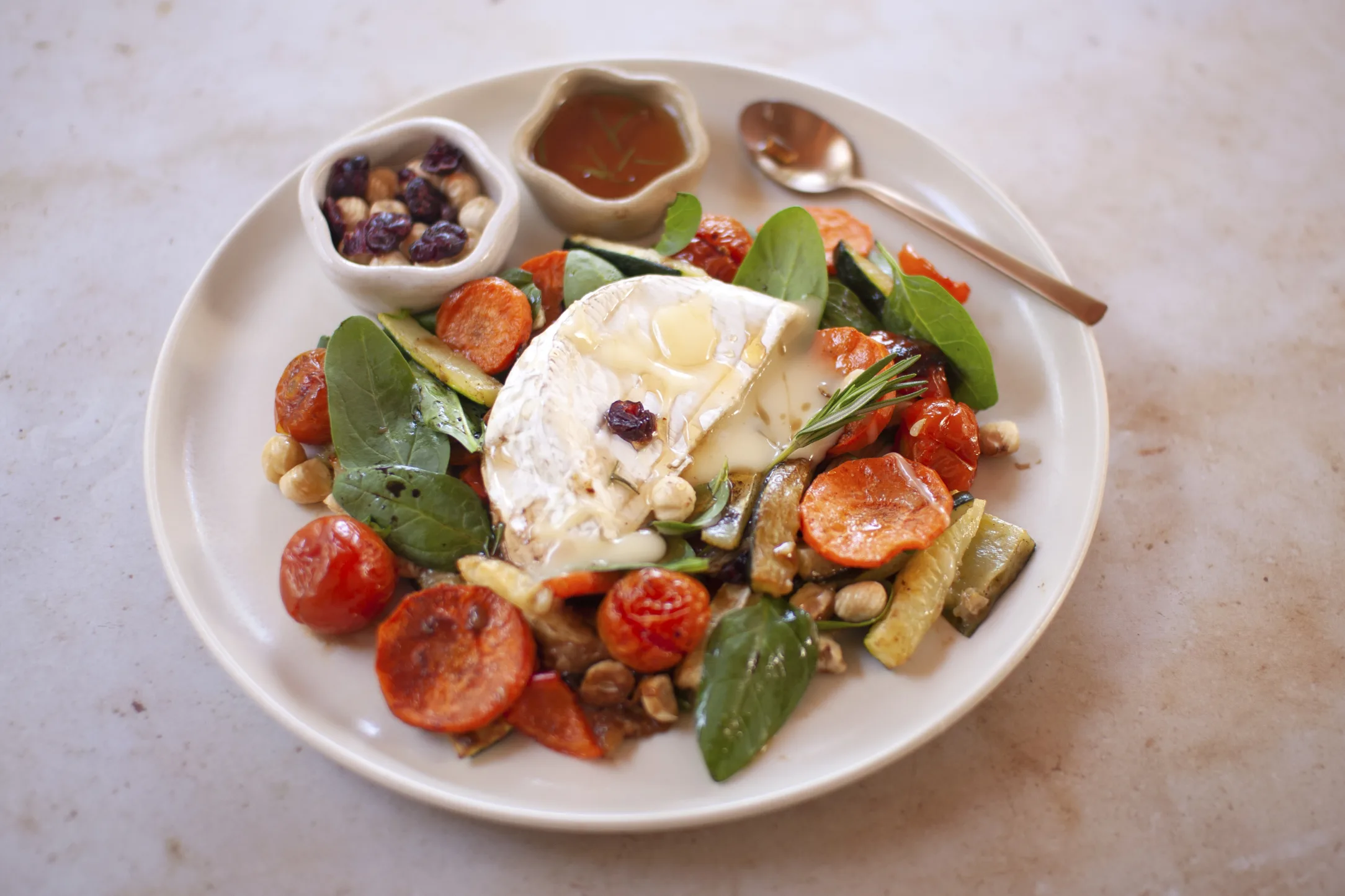 Oozy Camembert with Rosemary Honey and Roasted Vegetable Salad