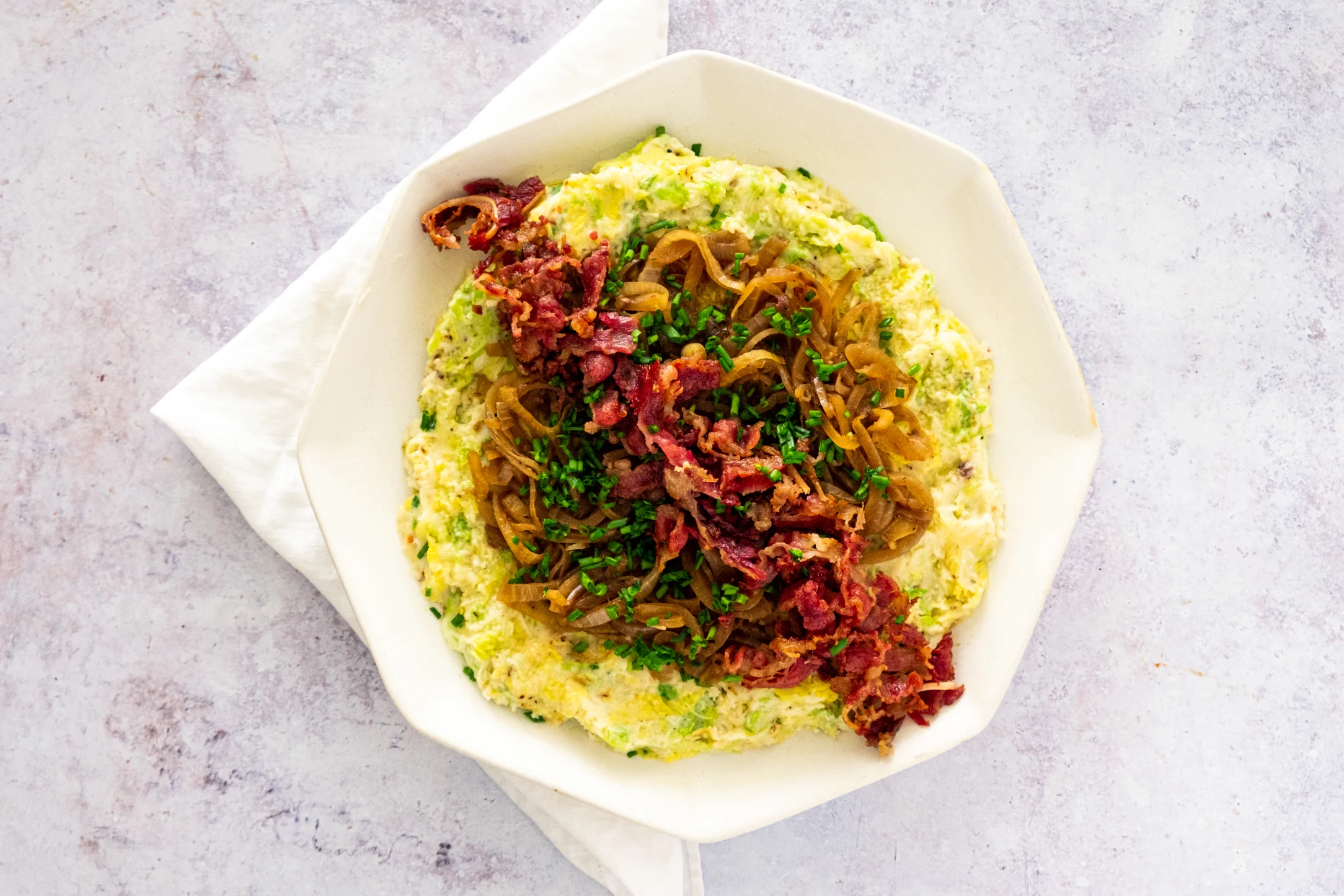 Danish Burning Love with Bacon, Caramelised Onions and Mashed Potatoes
