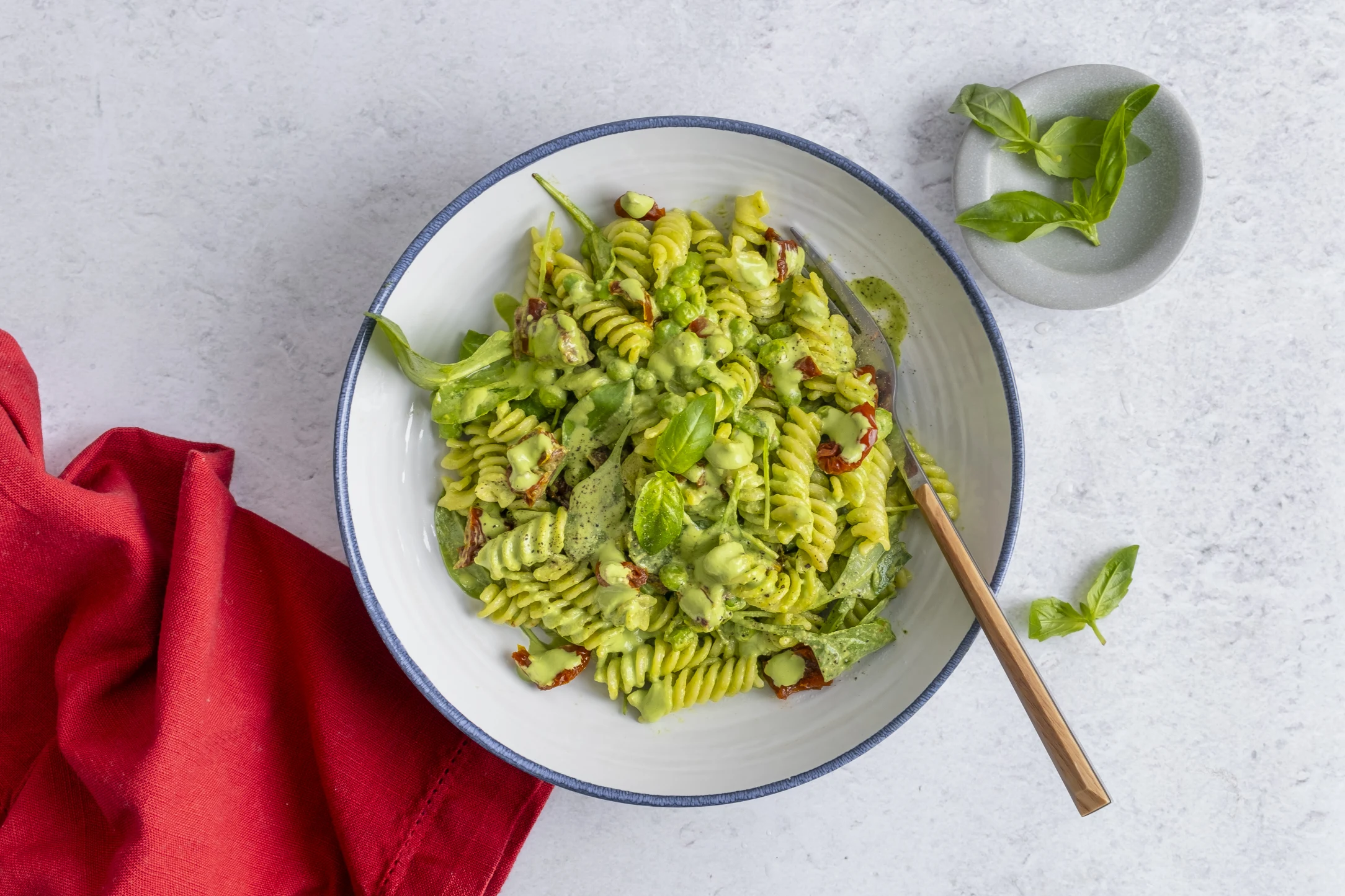 Basil Pesto Pasta with Peas, Spinach and Sun-dried Tomatoes
