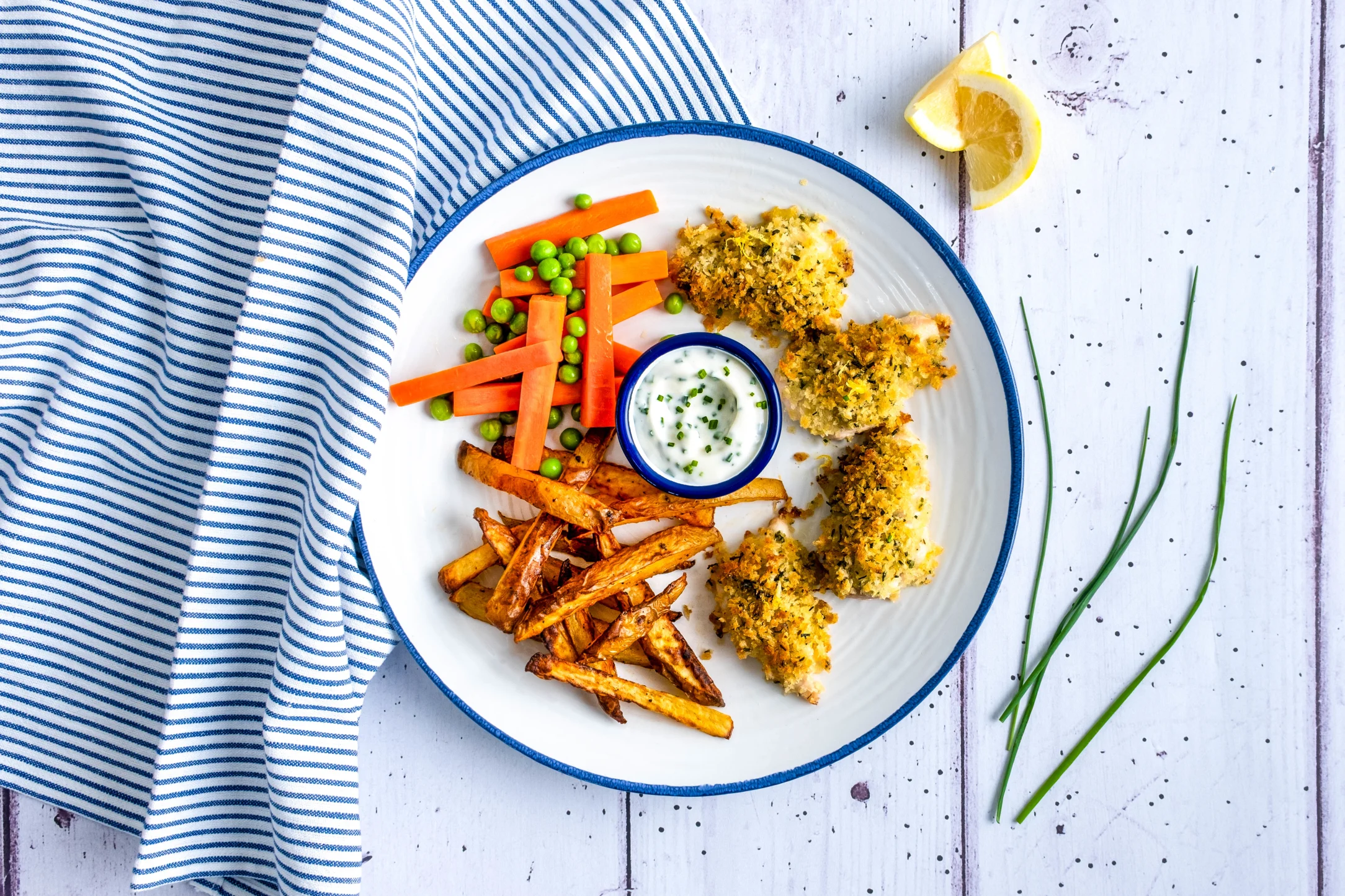Lemony Breaded Chicken with Chips, Carrots and Peas
