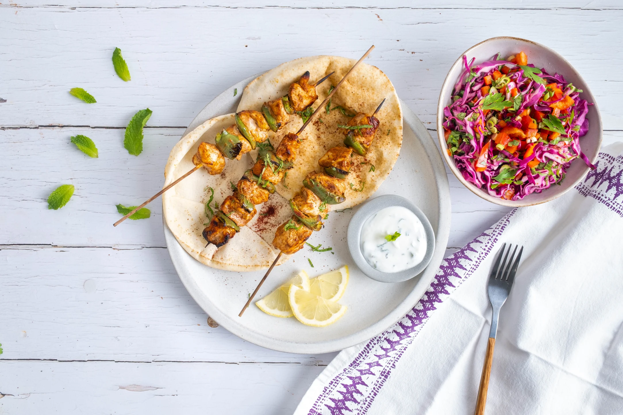Chicken Shish Tawook with Arabic Slaw and Mint Yogurt