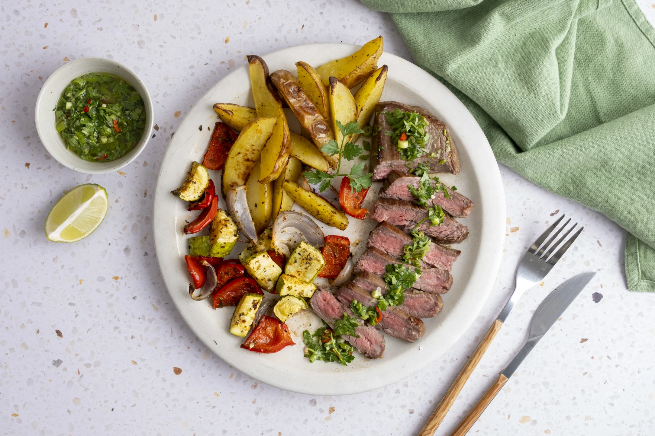 Argentinian-style Sirloin Steak and Chimichurri Sauce with Roasted Veggies