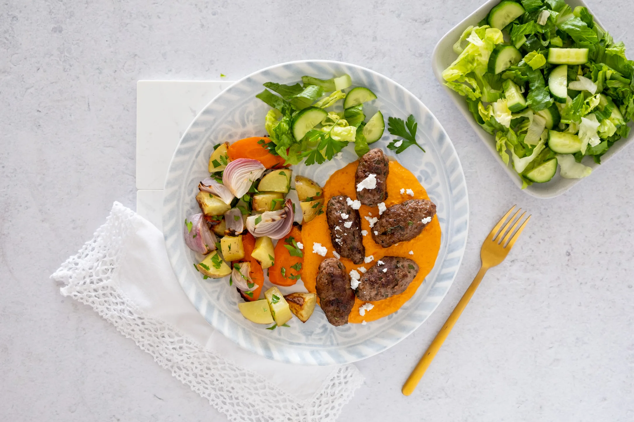 Greek Beef Kofta with Roasted Pepper and Feta Sauce