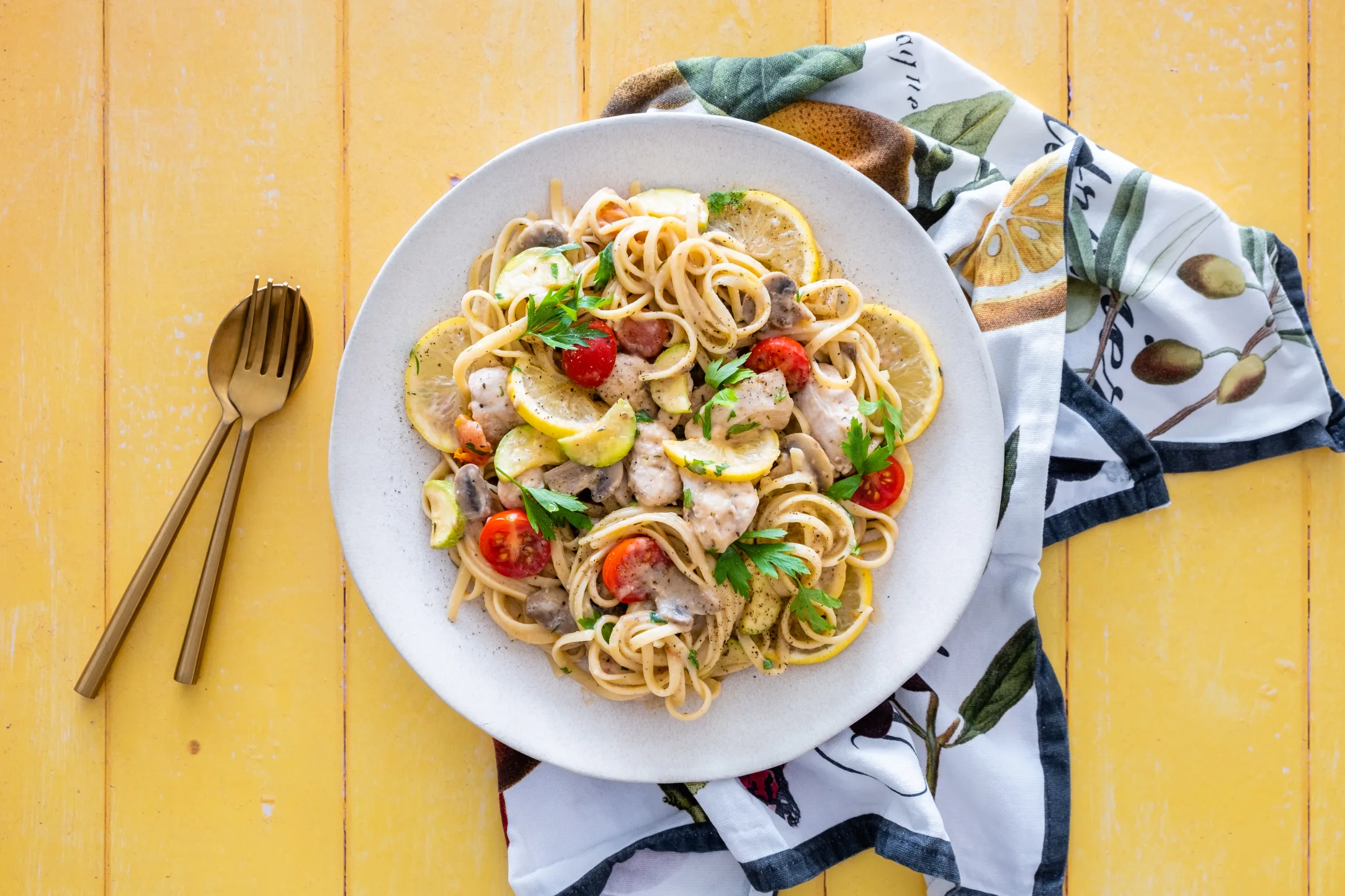 Lemon Chicken Linguine and Veggies with Fresh Parsley