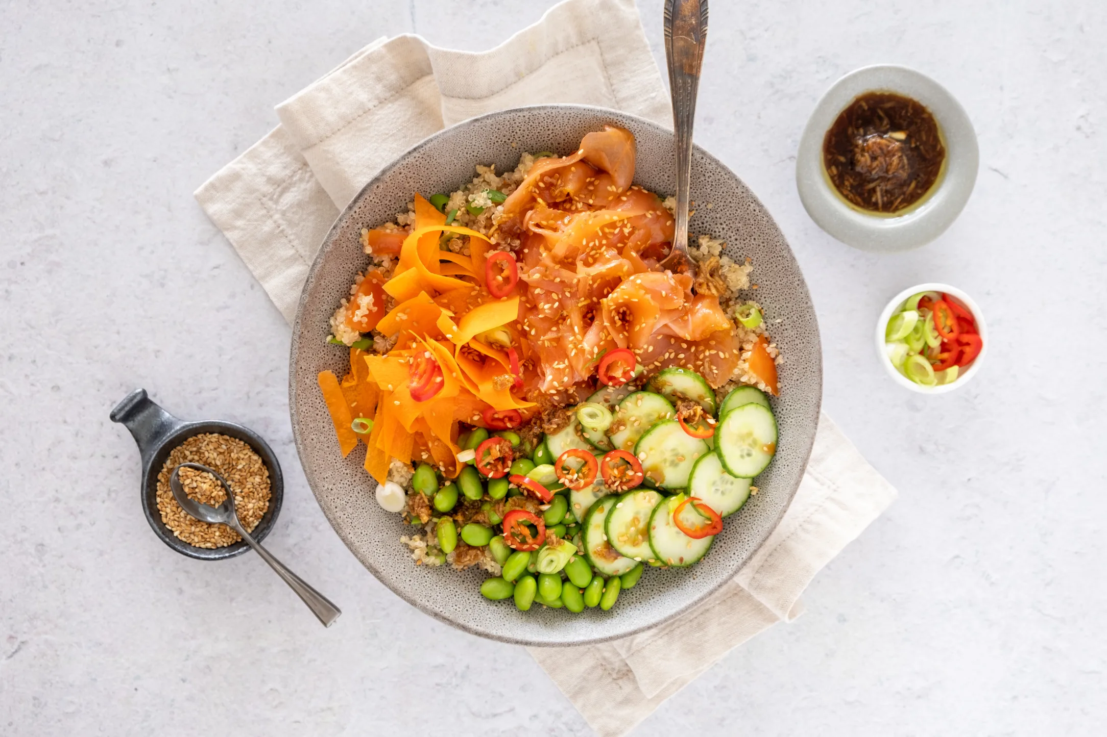 Smoked Salmon Poke Bowl with Edamame and Quinoa