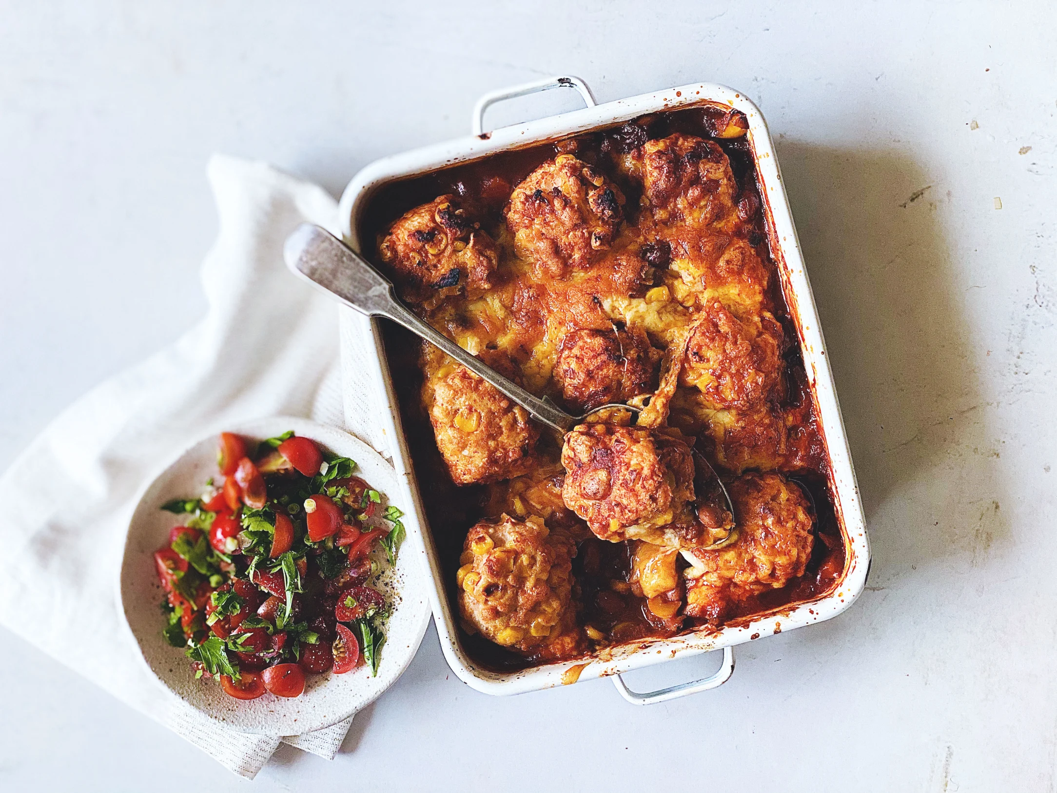 Mexican Chicken and Sweetcorn Meatball Bake with Pinto Beans