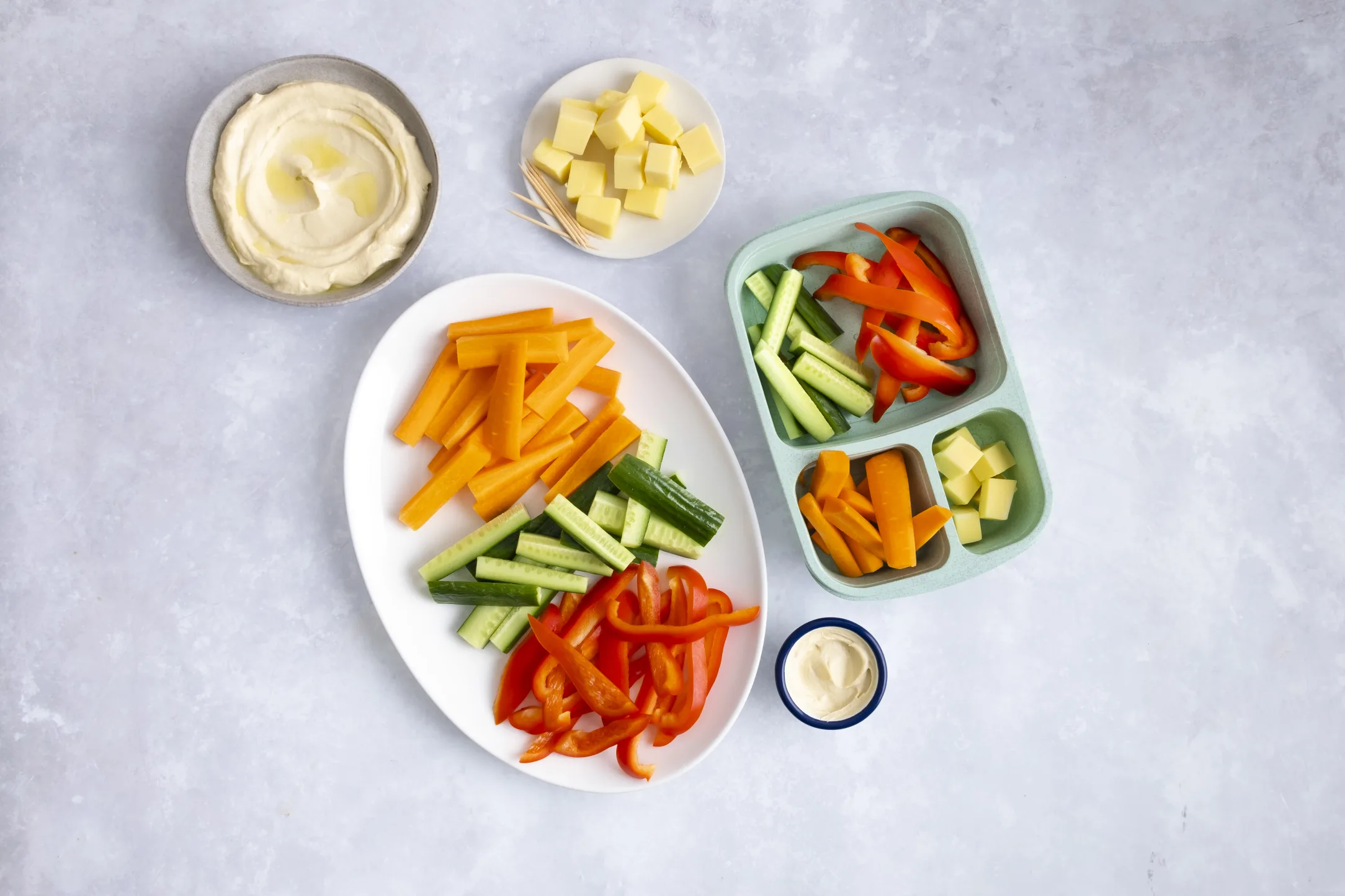 Snack Box: Carrots, Cucumber, Peppers and Cheddar Cheese Cubes with Hummus