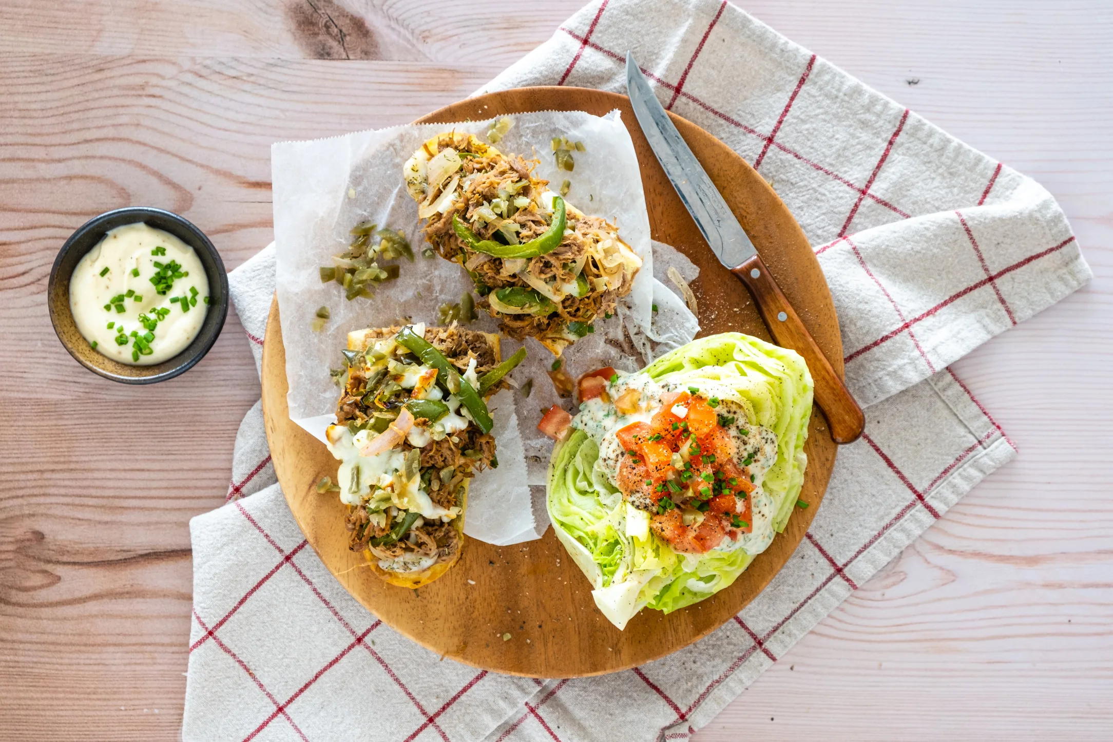 Philly-style Pulled Beef Sandwich with Iceberg Wedge Salad and Jalapeño Sour Cream