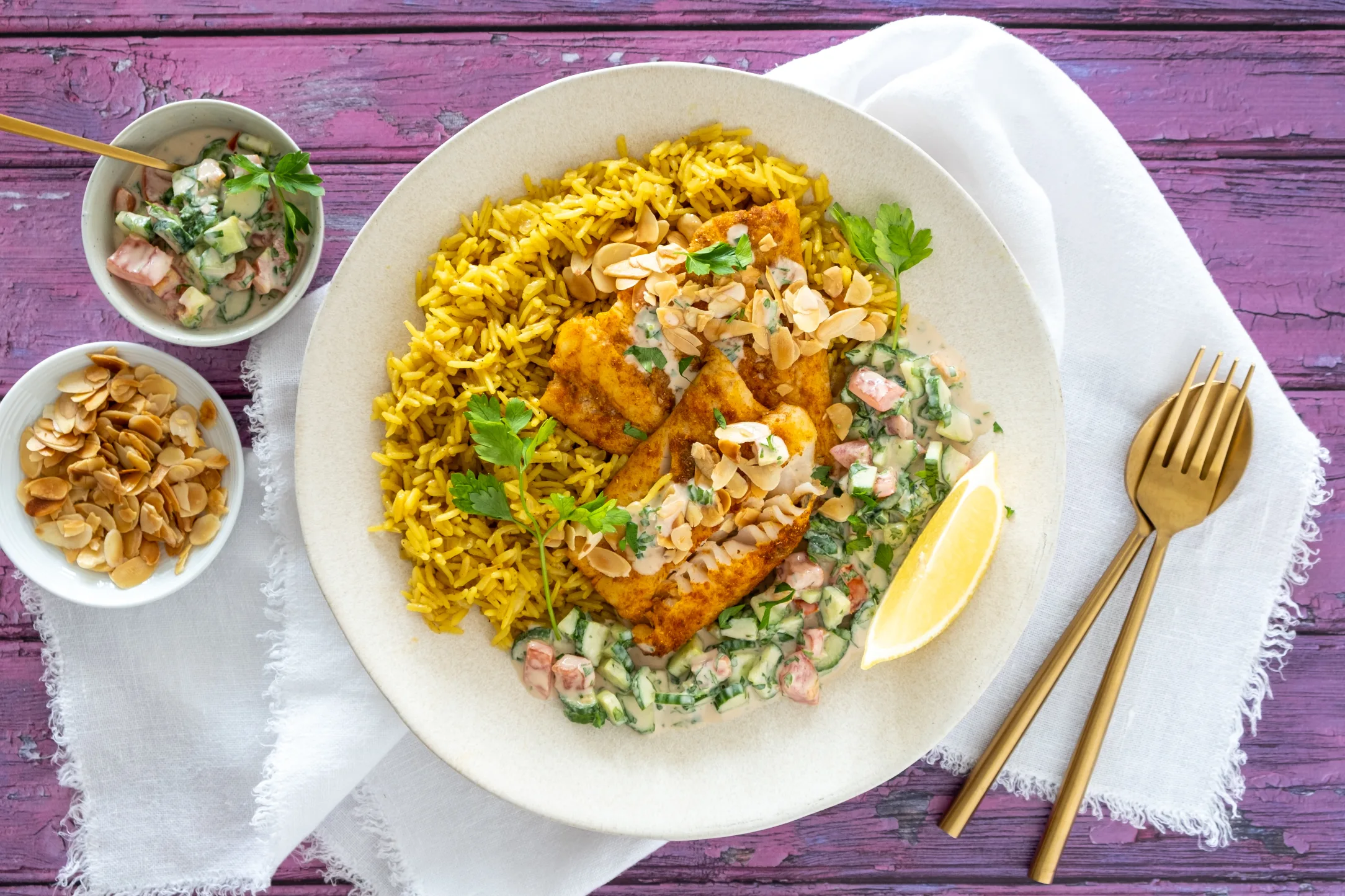 Sayadieh: Baked Fish and Turmeric Rice with Cucumber and Tomato Tahini Salad