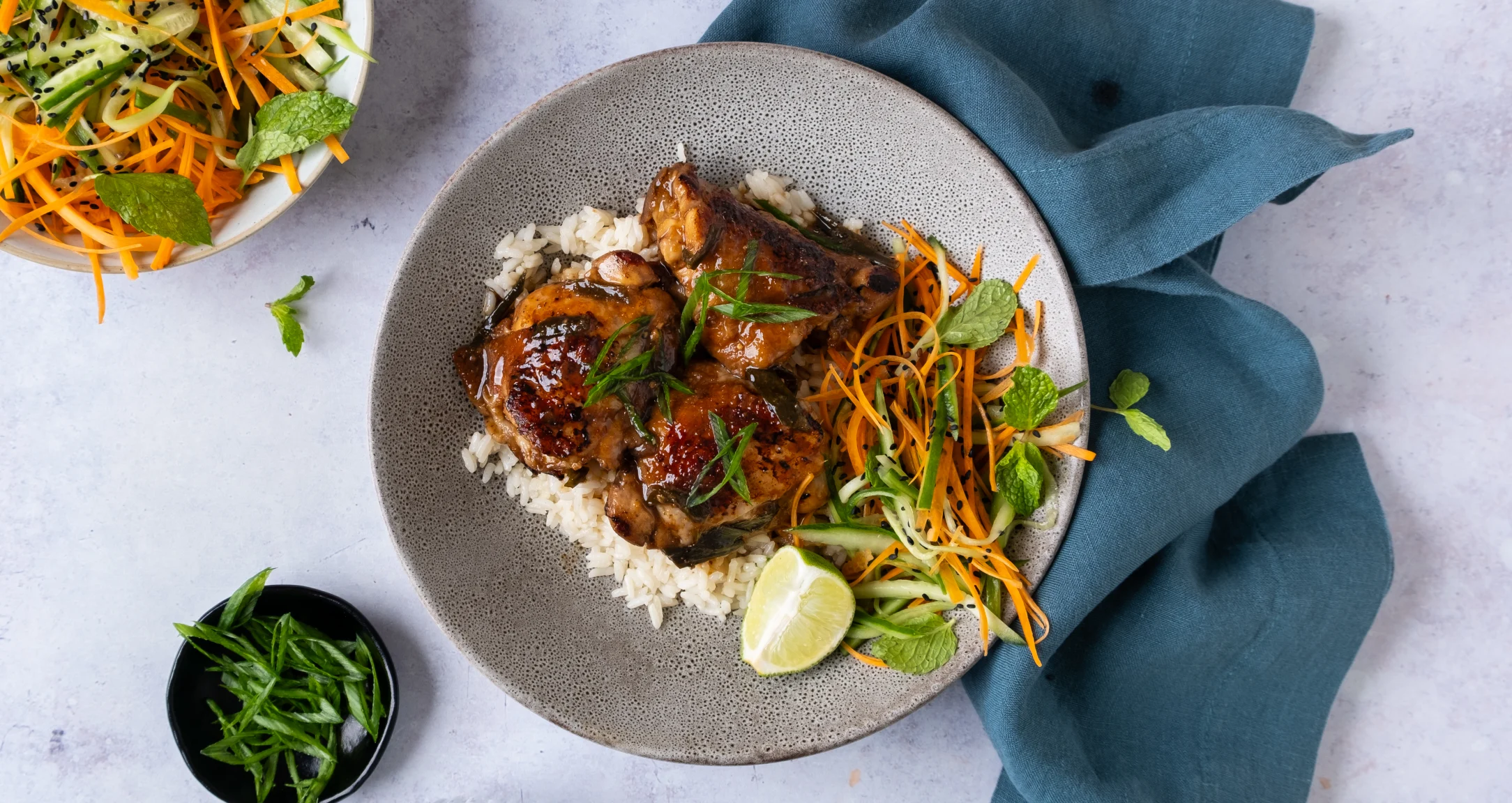 Adobo Chicken with Garlic Jasmine Rice and Carrot and Cucumber Salad