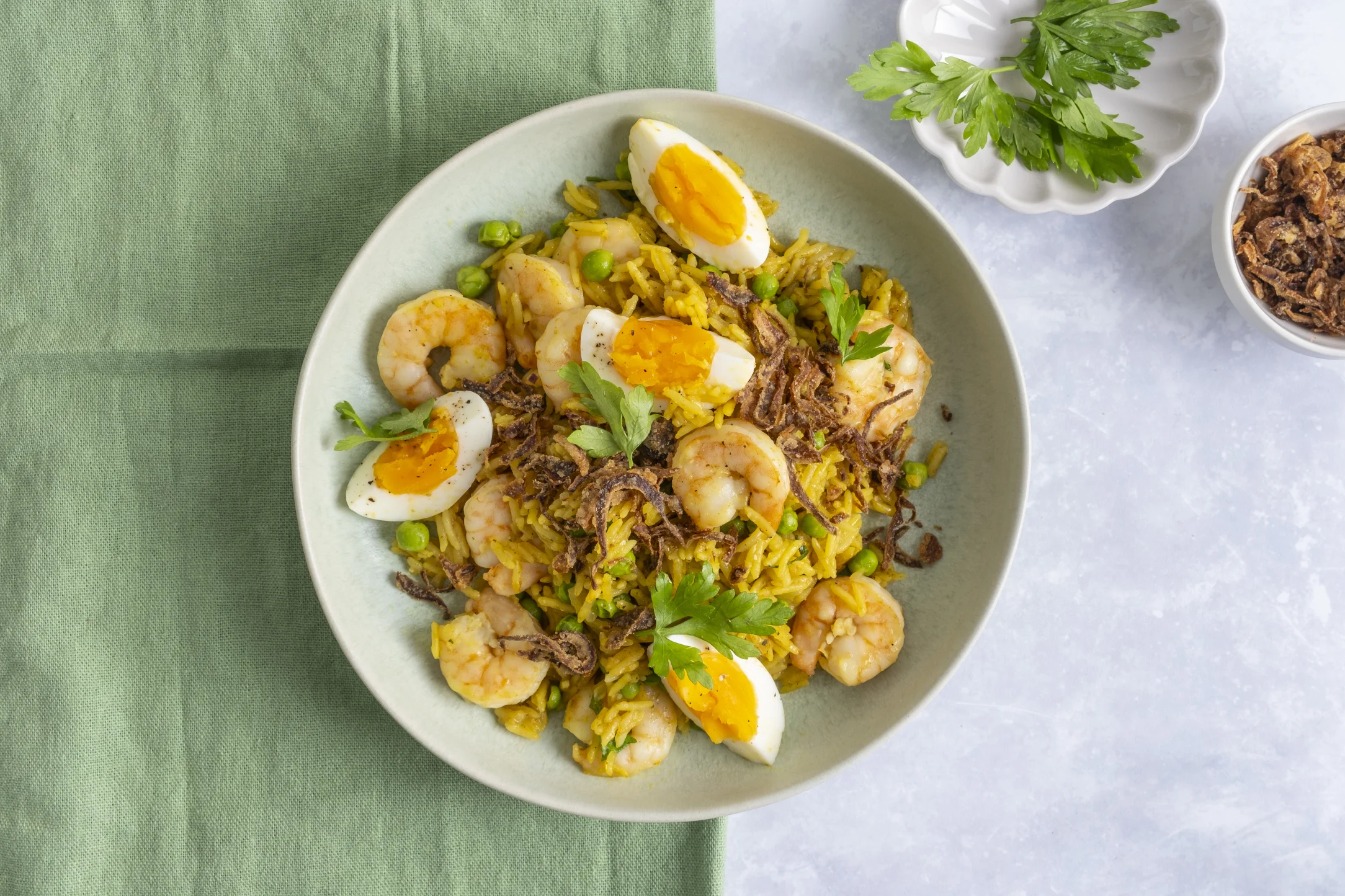 Prawn Kedgeree: Curried Rice with Prawns and Boiled Eggs