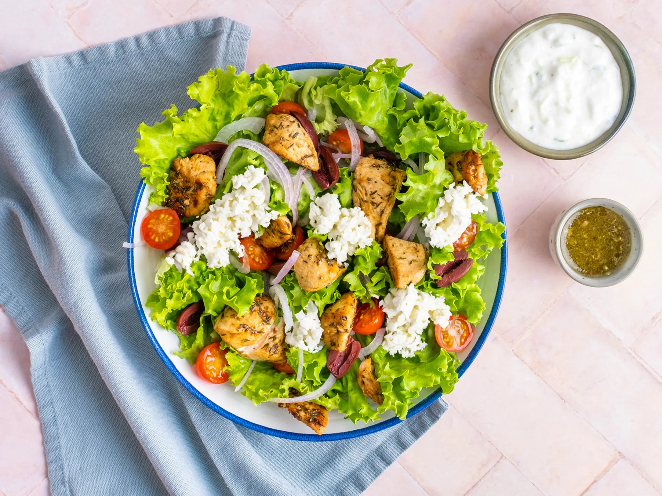 Lemon and Herb Greek Chicken Salad Bowls with Feta