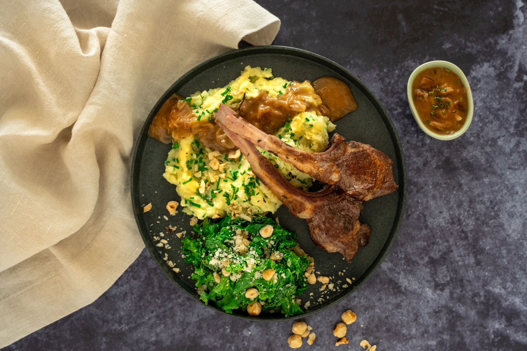 Lamb Chops and Truffle Mash with Hazelnut Kale and Shallot Sauce