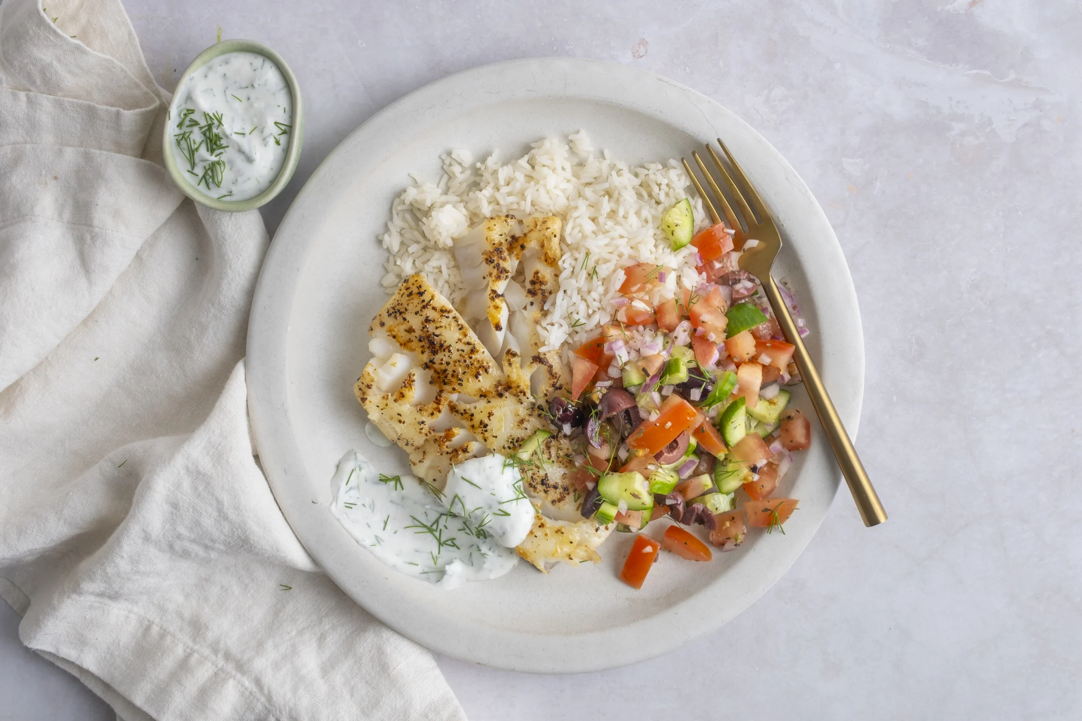 Lemon Pepper Cod with Rice, Chop Salad and a Creamy Dill Dressing
