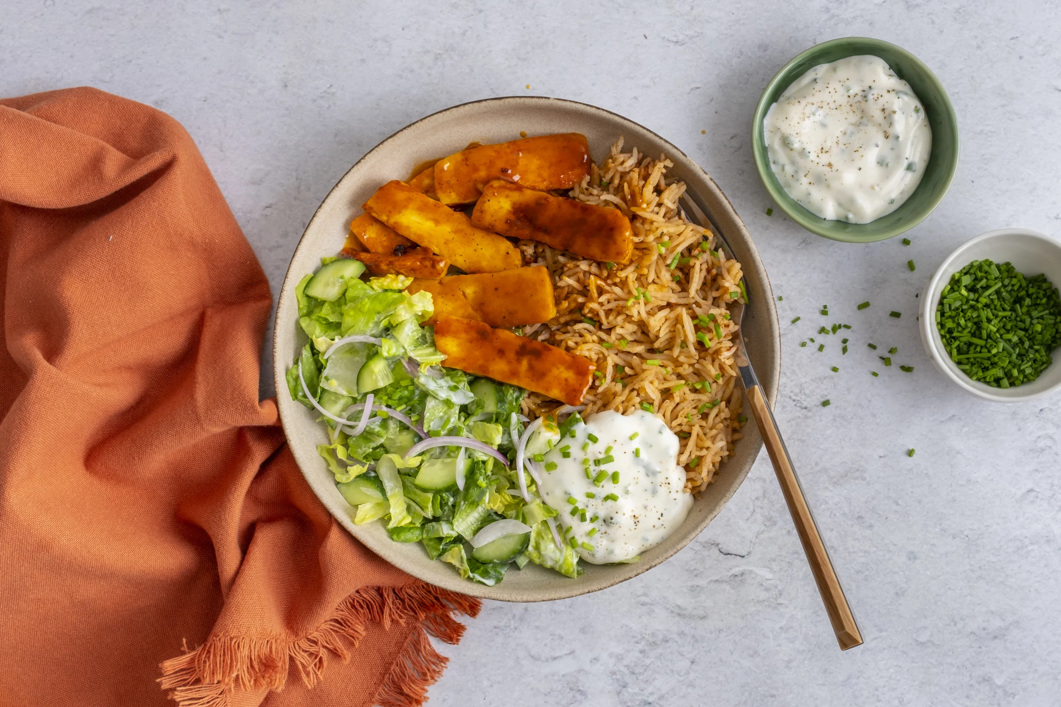 Buffalo Halloumi Bowl with Tomato Rice, Salad and Ranch Dressing