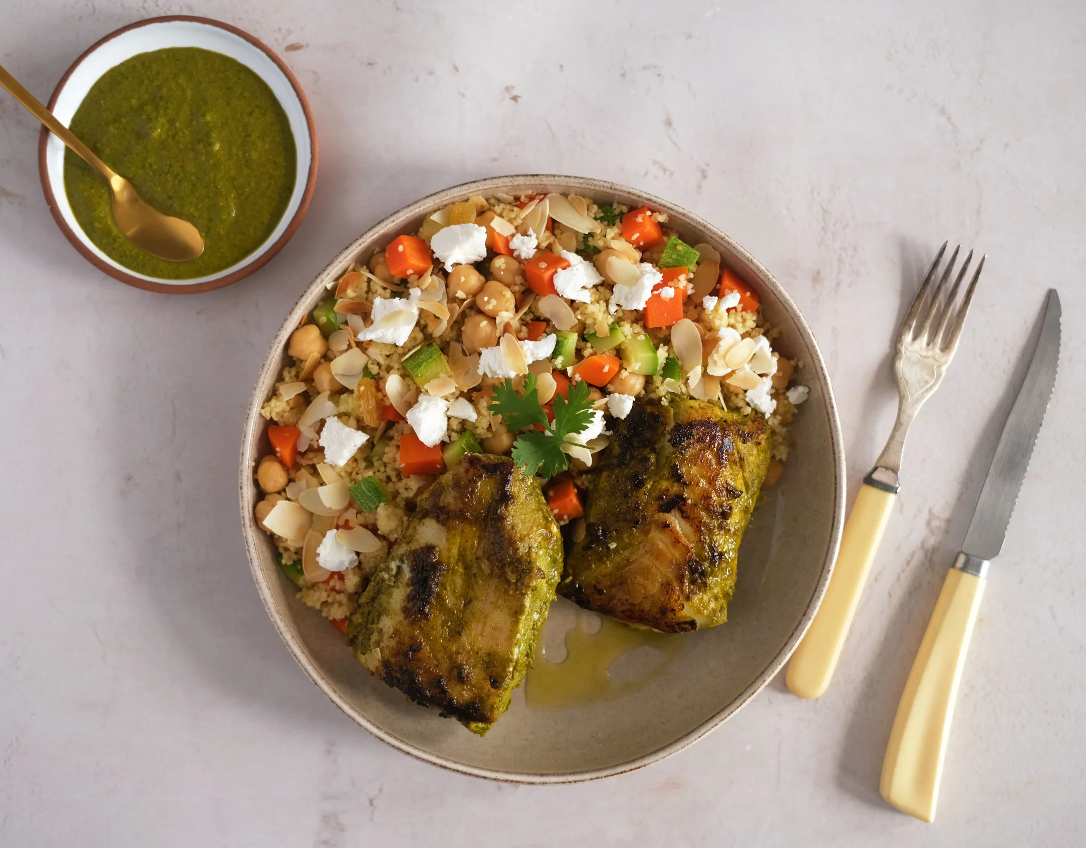 Chermoula Cod with Veggie Couscous and Feta