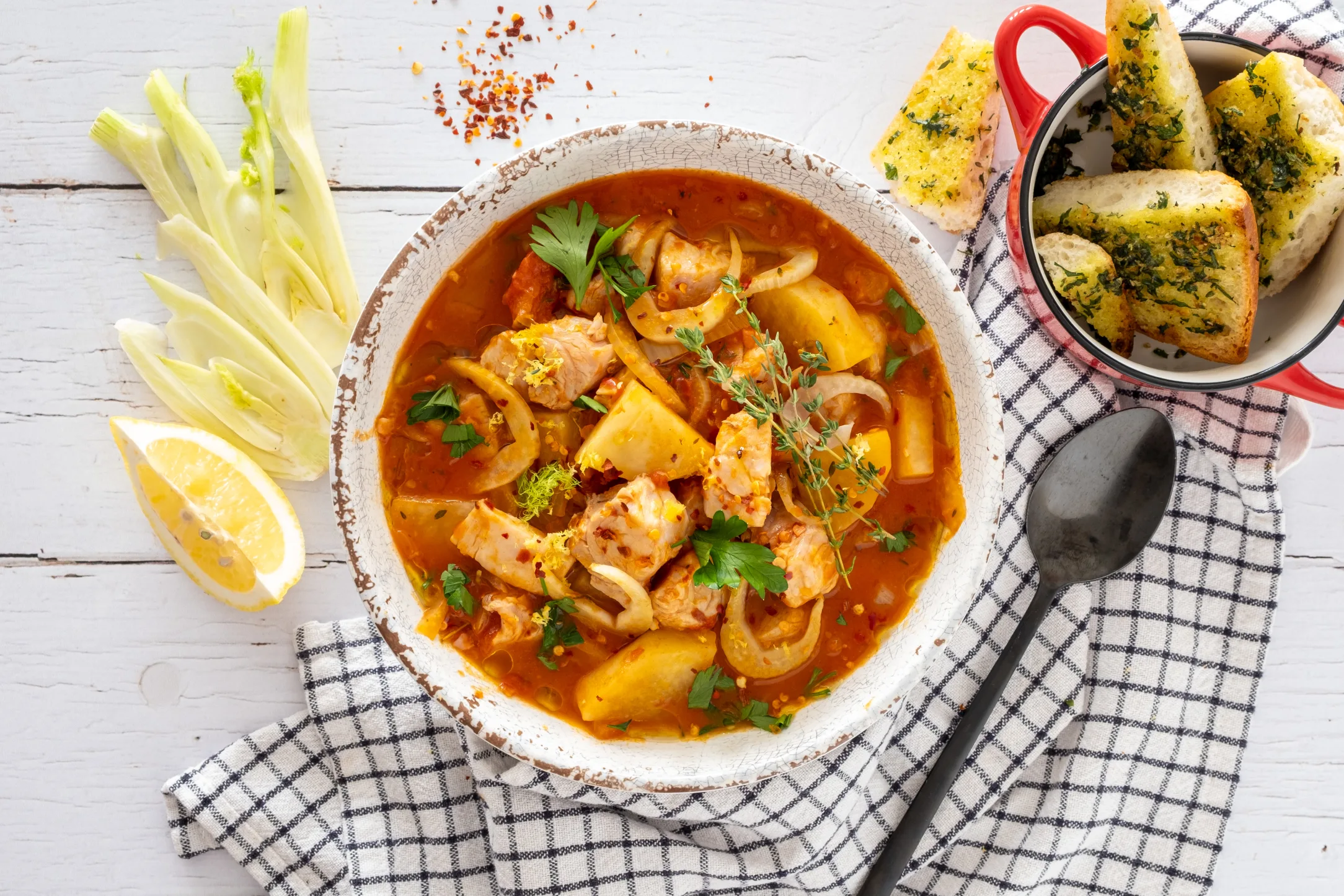 Cioppino Fish Stew with Fennel and Garlic Ciabatta Bread
