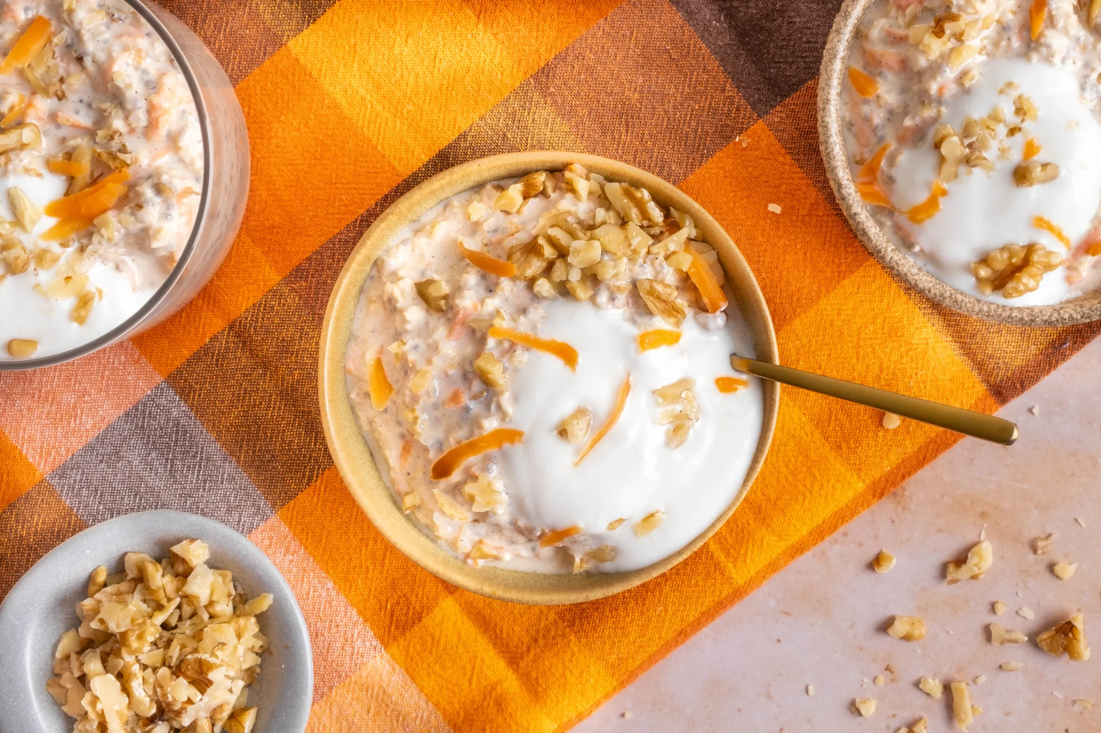 Carrot Cake Overnight Oats with Vanilla Yogurt and Walnuts
