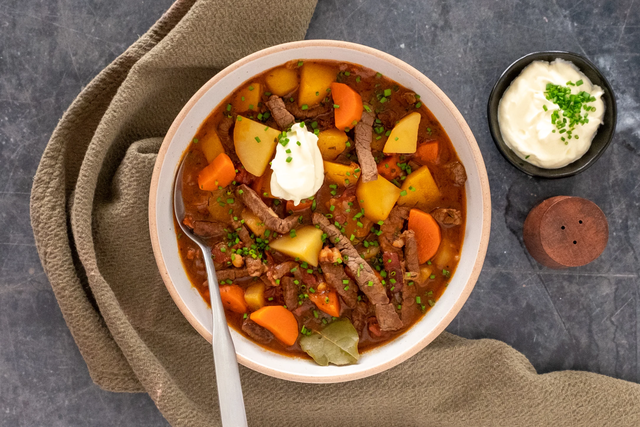 Irish Beef and Potato Stew with Sour Cream and Chives