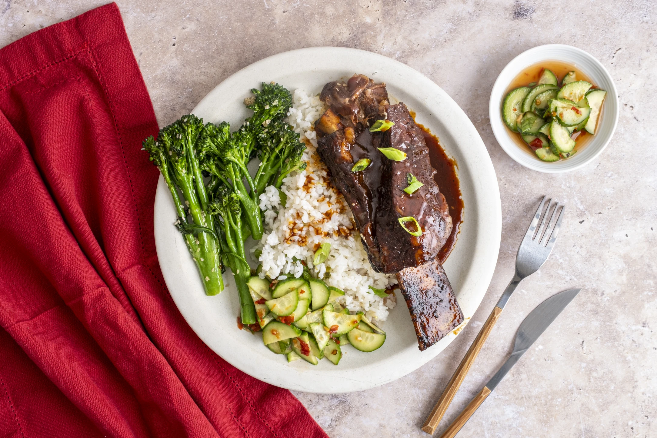 Korean Beef Short Ribs with Garlic Rice, Sesame Broccoli, and Spicy Pickled Cucumber