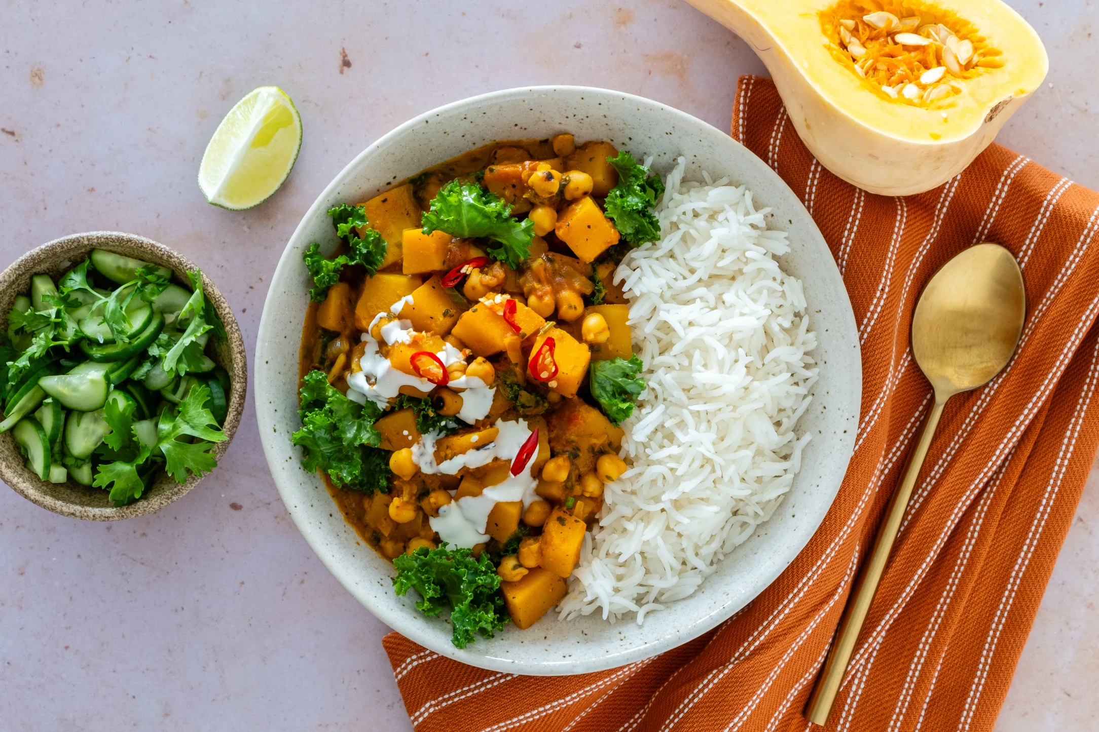 Butternut Squash and Coconut Chickpea Curry with Rice and Cucumber Salad