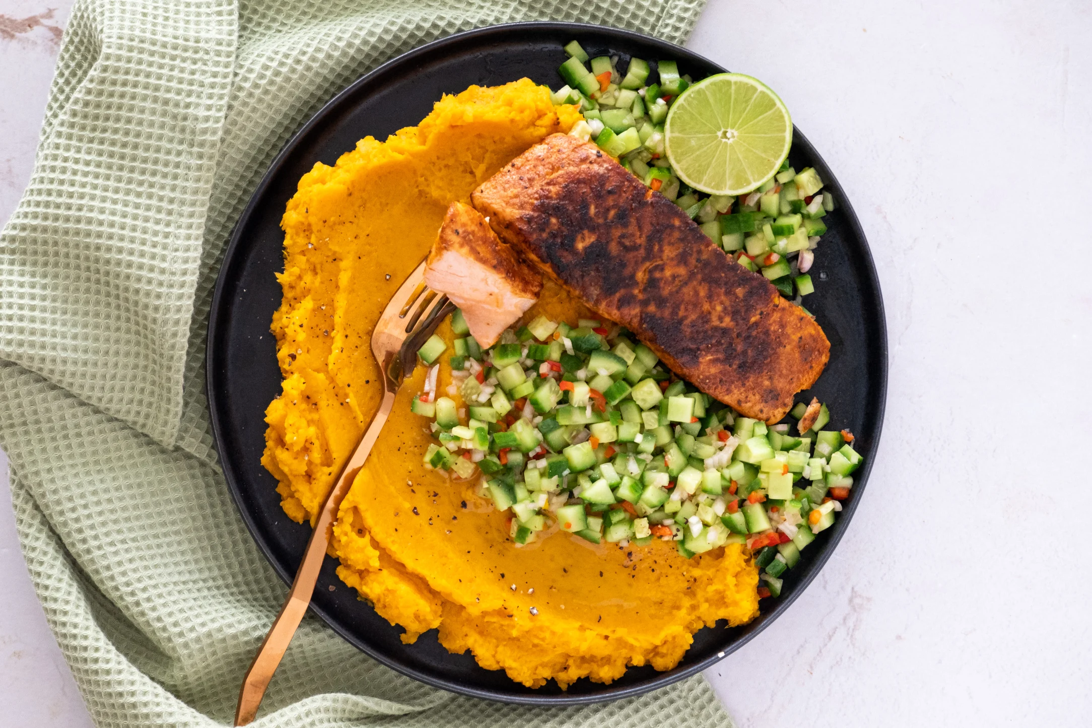 Blackened Cajun Salmon with Sweet Potato Mash and Cucumber Salsa