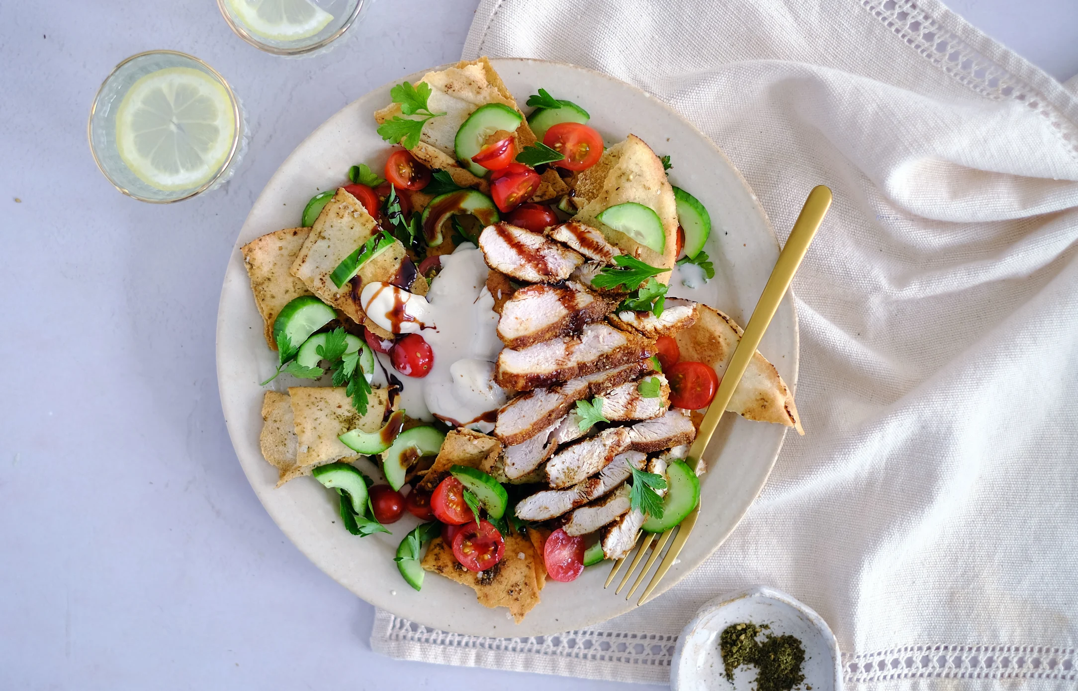 Crispy Chicken and Fattoush Salad with Pomegranate Molasses