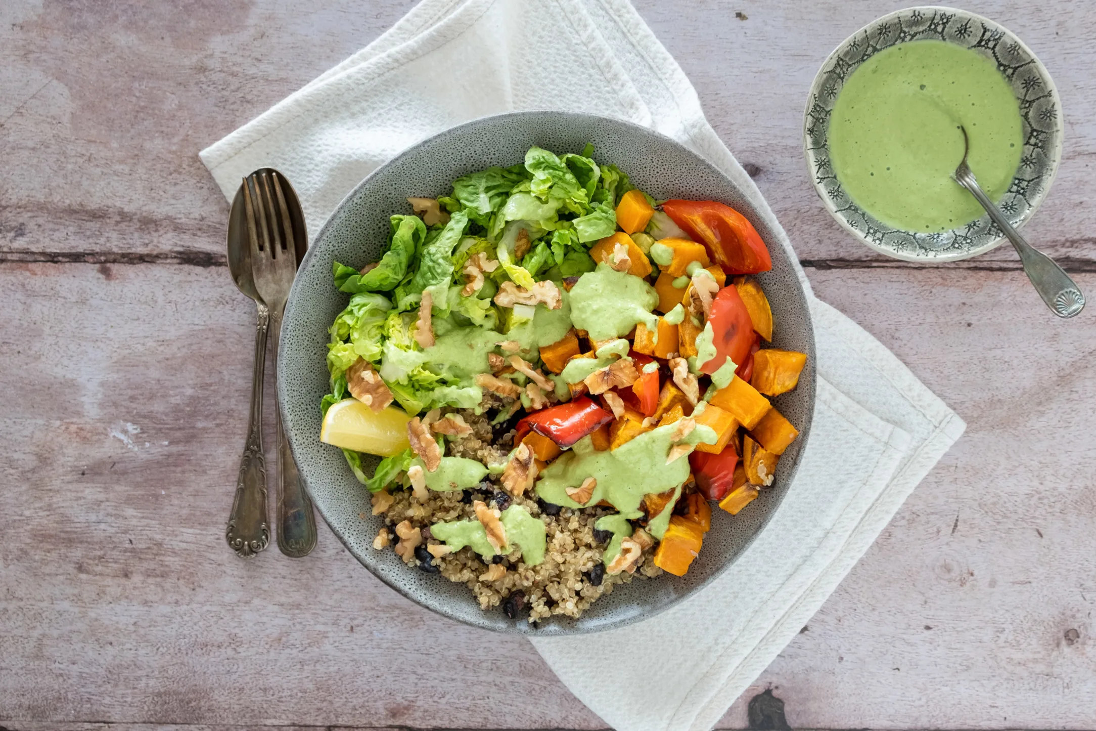 Sweet Potato, Quinoa and Black Bean Bowl with Herby Tahini